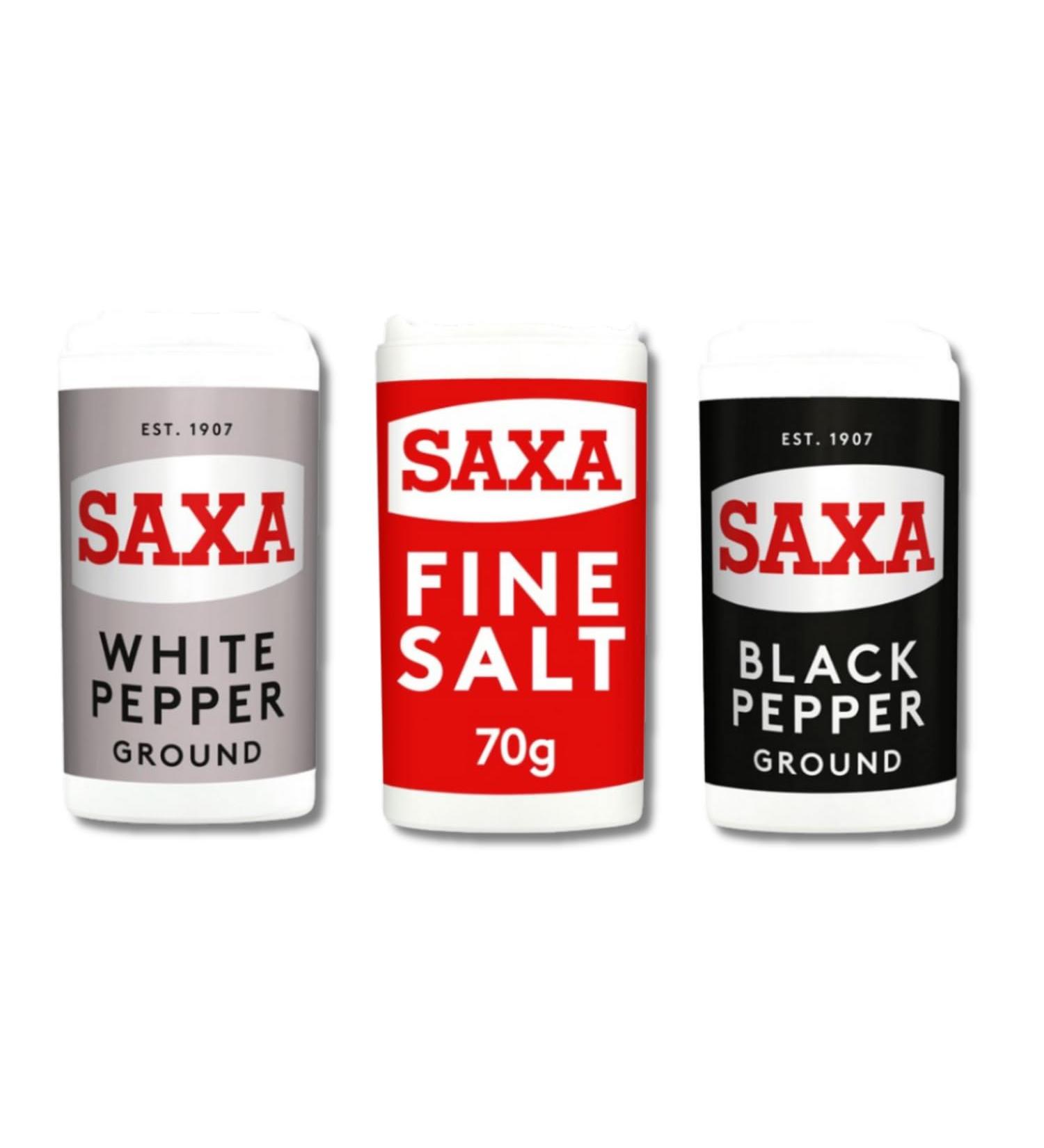 FEZ KEKE CLASSIC SALT AND PEPPER TRIO: SAXA SALT (70G) + SAXA WHITE GROUND PEPPER (25G) + SAXA BLACK GROUND PEPPER (25G) "
