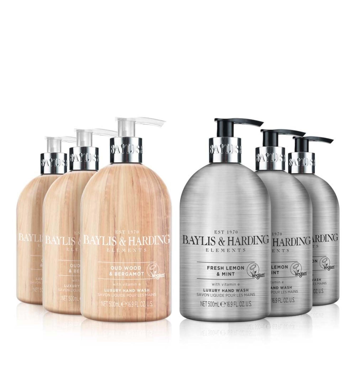 Baylis & Harding Elements Hand Wash Bundle - 6 Bottles, 3 x 500 ml Oud Wood & Bergamot and 3 x 500 ml Lemon & Mint - Vegan Friendly - Buy Online on GoSupps.com
