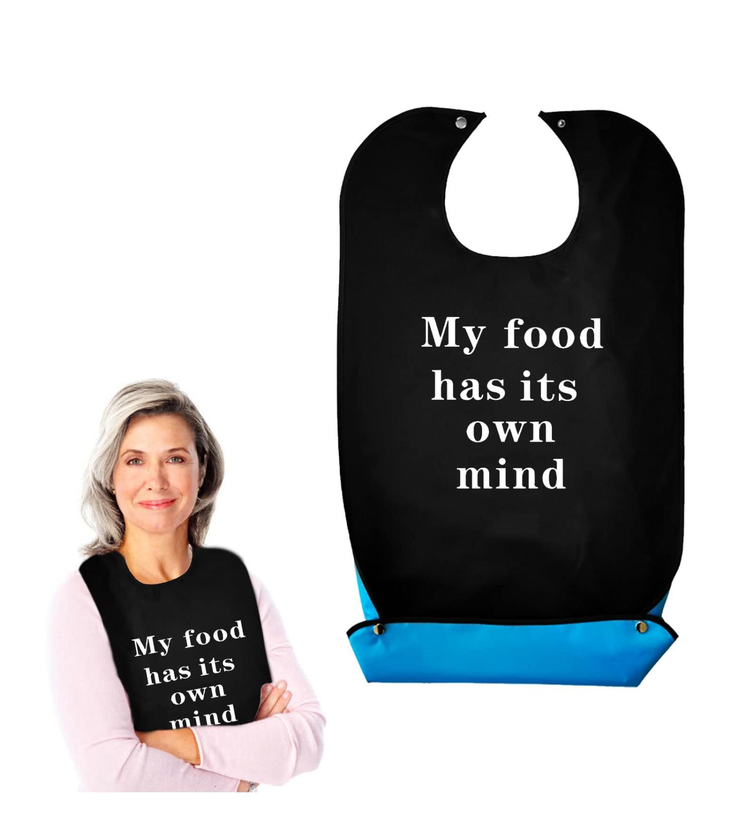 Waterproof Adult Bib with Food Collector - Reusable Dining Clothing Protector for Elderly & Disabled - Black Print Design - Ideal for Daily Meals & Holiday Dinners - Buy Online on GoSupps.com