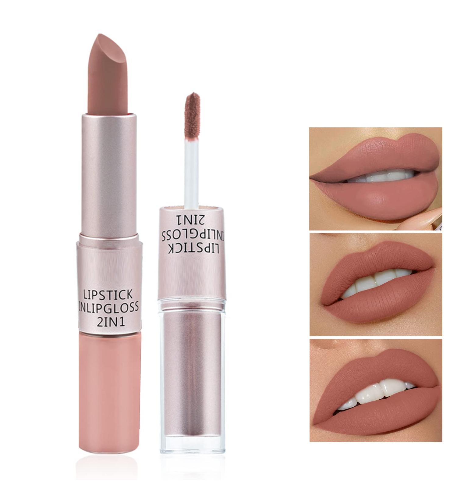LZYLLS 2 in 1 Matte Lipstick & Liquid Lipstick Set - Waterproof, Long Wear, Non-Stick Cup, Nude Lip Makeup Gift for Women - Matte Velvet Lip Gloss (01) - Buy Online on GoSupps.com
