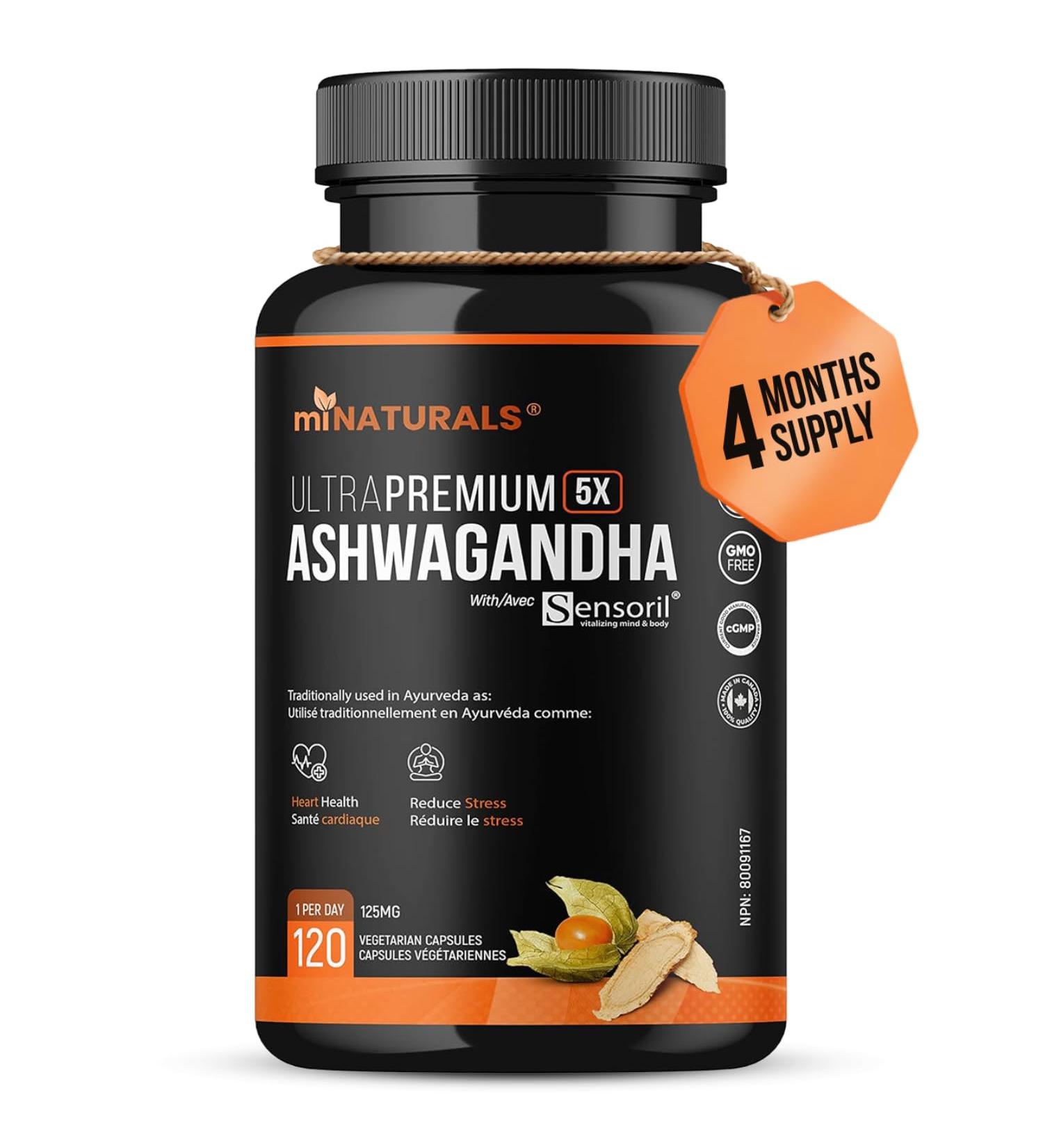 miNATURALS Ashwagandha Ultra Premium Supplement with Sensoril for Stress Relief & Heart Health- 120 Capsules - Buy Online on GoSupps.com