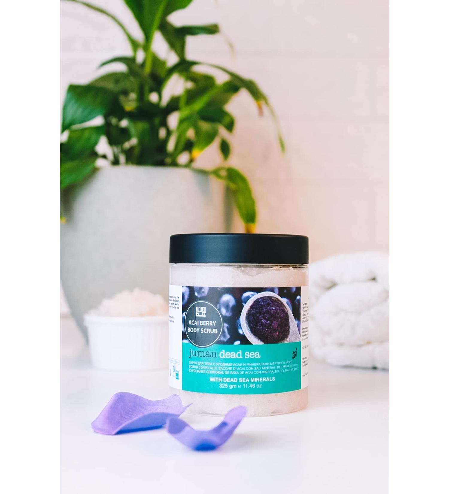 All Natural & Authentic ACAI BERRY Body Scrub with Dead Sea Salt Minerals Paraben Free Not Tested on Animals - Infused with Sweet Almond Sunflower & Grape Seed oils - Exfoliates Nourishes &