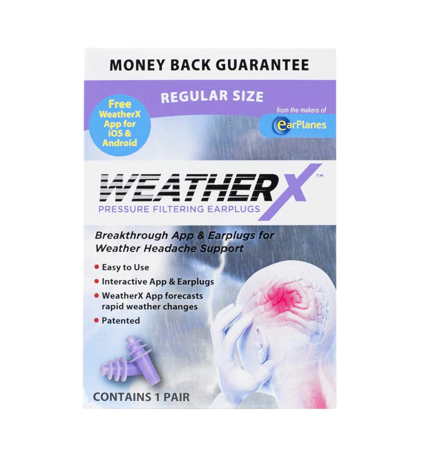 WeatherX Migraine Prevention  Pressure Filtering Earplugs for Shifts in Barometric Weather Pressure  Adult Size (1 Pair)