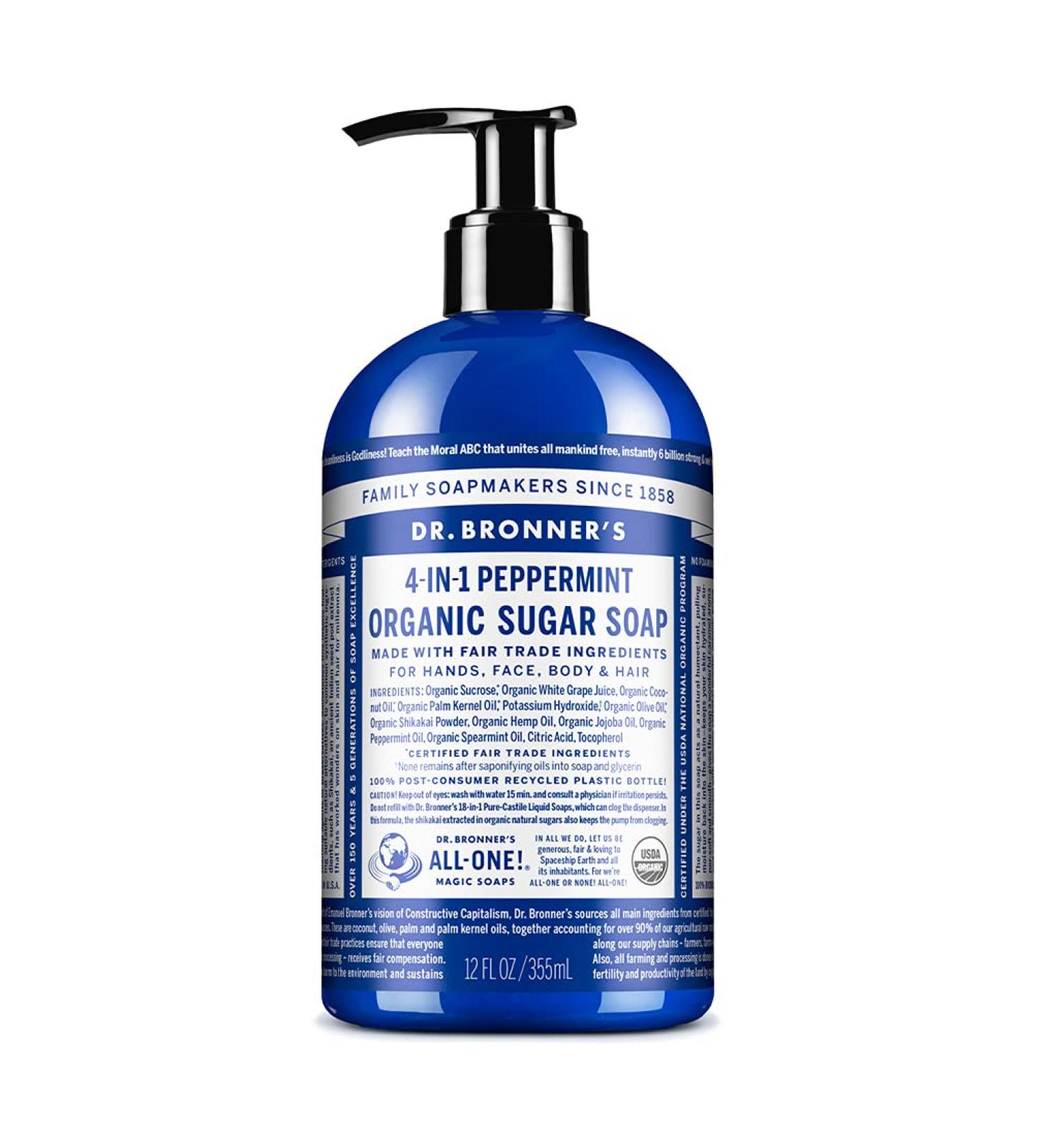 Dr. Bronner's Organic Peppermint Sugar Soap 12 oz - 4-in-1 Cleansing for Hands, Body, Face & Hair - Vegan & Non-GMO - Made with Organic Oils, Sugar & Shikakai Powder - Buy Online on GoSupps.com