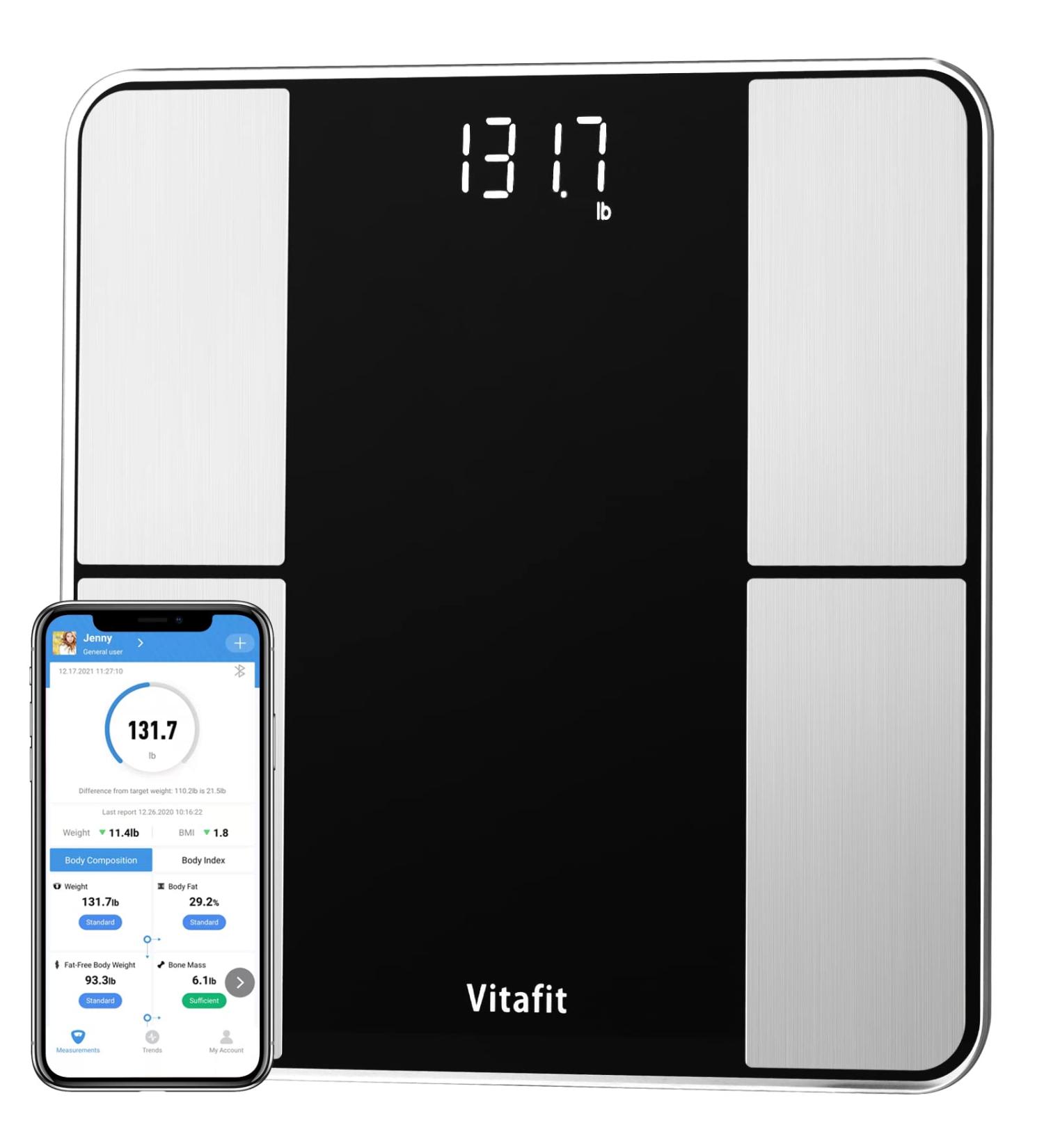 Vitafit Smart Scale: 20+ Years Body Weight & Fat Analyzer, Digital Wireless Bathroom Scale for BMI, Fat, Water, Muscle with App - 400lb Capacity - Black - Buy Online on GoSupps.com