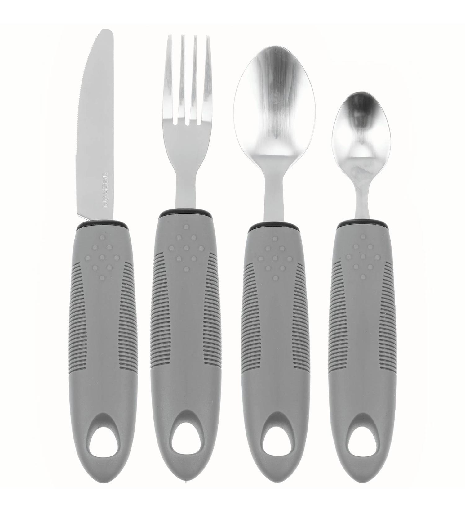 Adaptive Utensils 5Pcs Set for Hand Tremors & Arthritis - Non-Weighted Silverware with Non-Slip Handles - Ideal for Parkinson's & Elderly Use - Light Grey - Buy Online on GoSupps.com