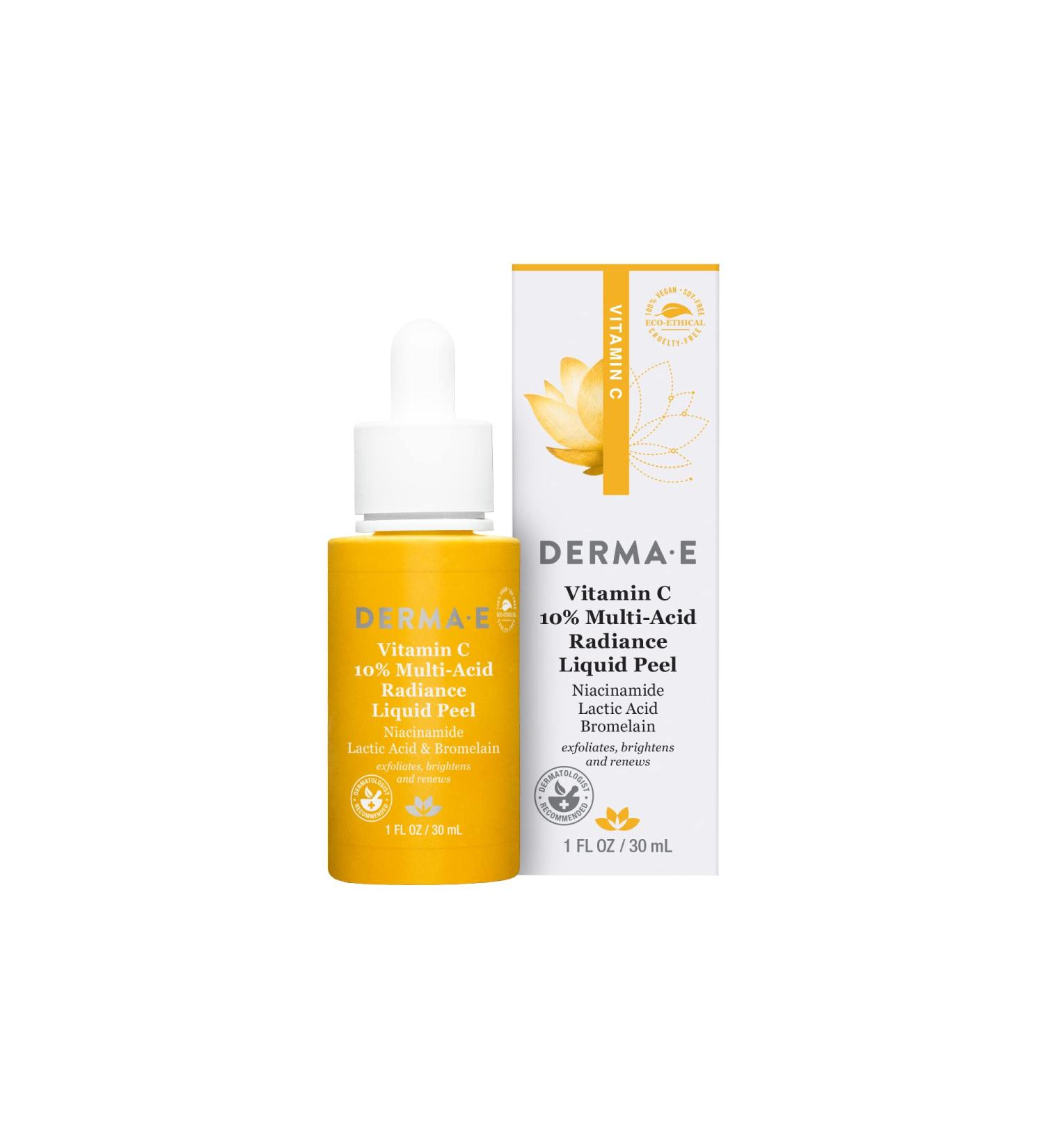 DERMA E Vitamin C 10% Multi-Acid Radiance Liquid Peel - Brightening Exfoliating Treatment for Uneven Skin Tone | Niacinamide Lactic Acid & Bromelain - 1 Fl Oz - Buy Online on GoSupps.com
