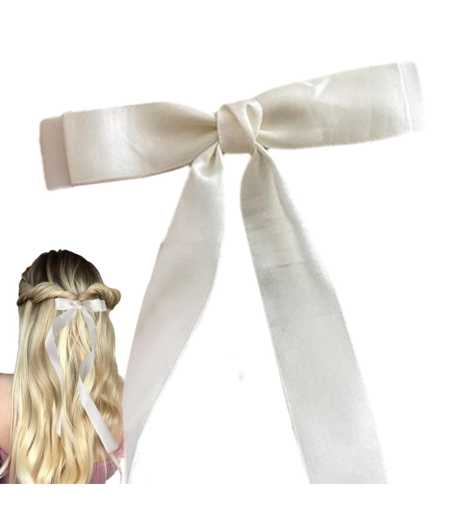 Bow Hair Clips | Silky Satin Hair Bows Hair Clip Ribbon Bow Hair Clips With Long Tail | Hair Bow Barrettes Hair Bow Clips For Women Girls Beige - Buy Online on GoSupps.com