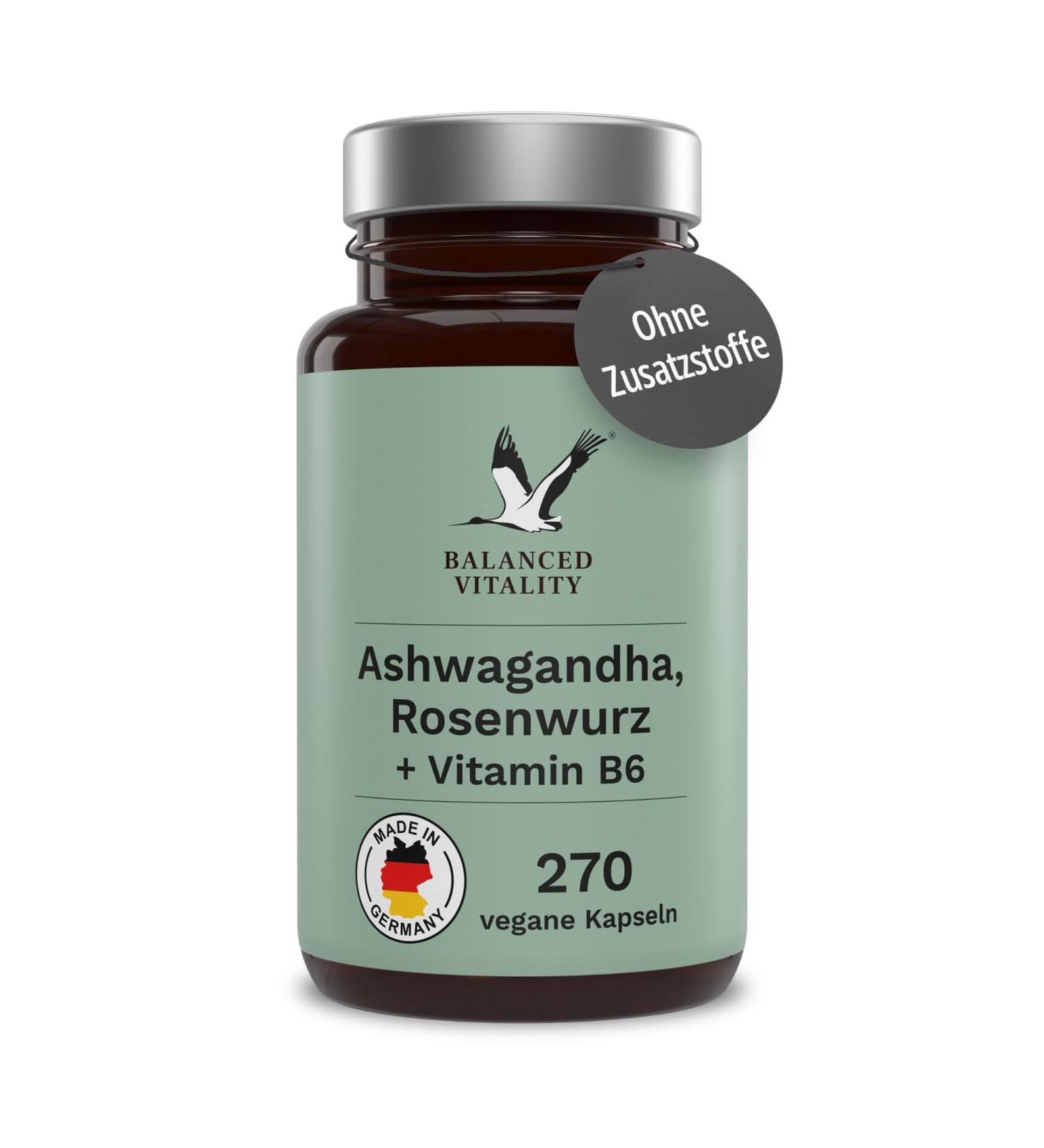 Ashwagandha Capsules with Rose Root & Vitamin B6 | 270 Vegan Capsules - Natural Sleep Support - No Additives - Lab Tested - Made in Germany | Balanced Vitality - Buy Online on GoSupps.com