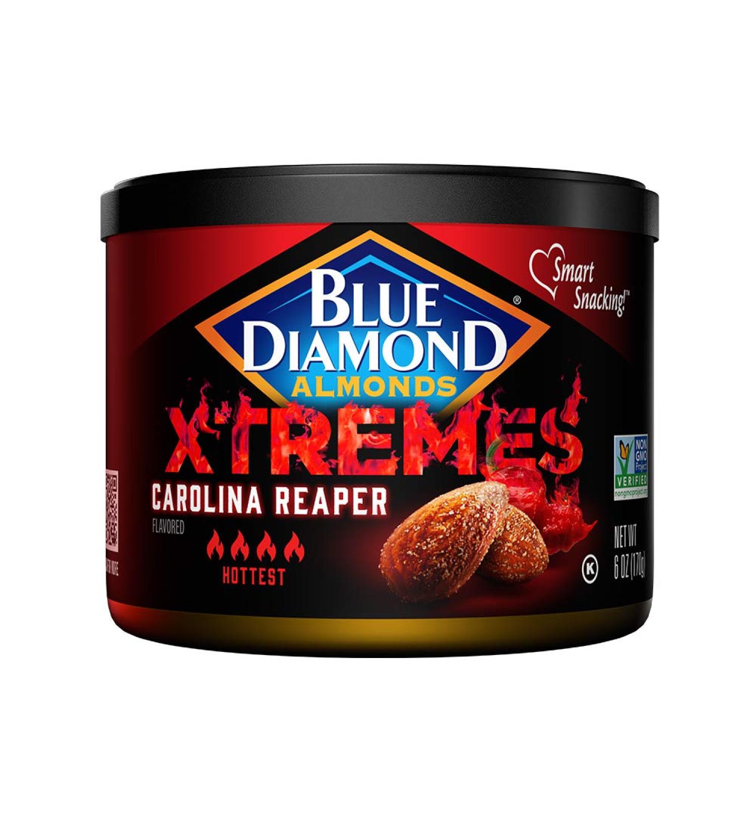 Blue Diamond XTREMES Carolina Reaper Almonds - 6 Oz Resealable Can | Fiery Snack Nuts - Buy Online on GoSupps.com