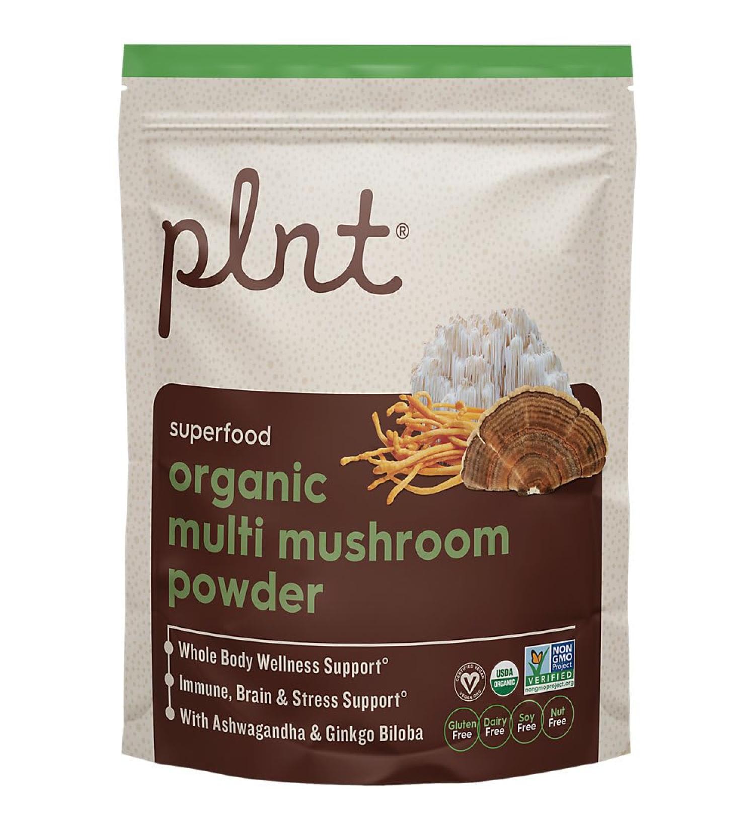 Organic Multi-Mushroom Powder with Ashwagandha and Ginkgo Biloba a" Immune Brain & Stress Support (30 Servings)