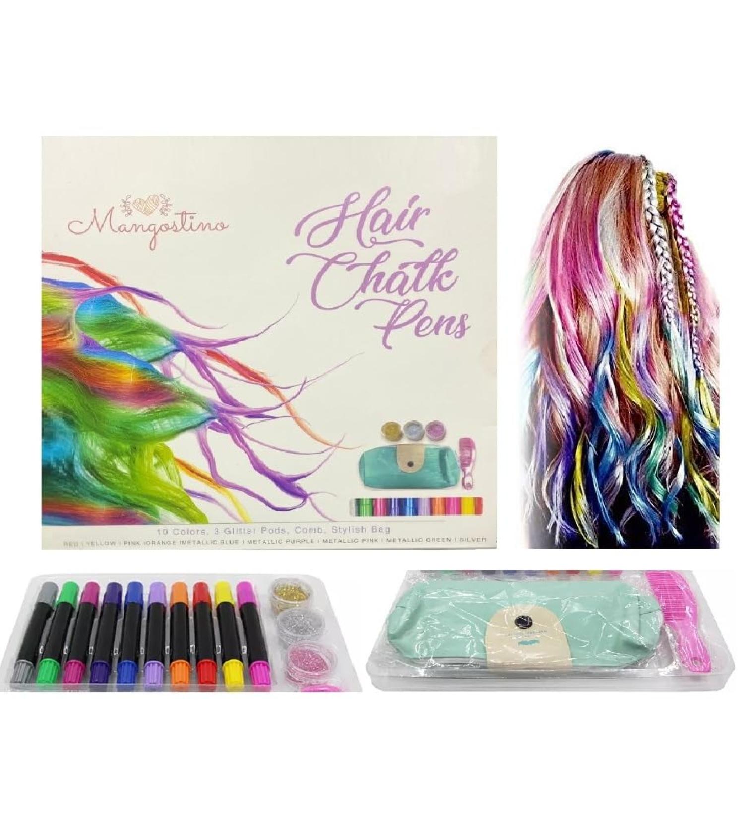 10 Colorful Hair Chalk Pens for Girls Women Temporary Hair Coloring Safe & Non-Toxic Washable Hair Dye Colourful Pens - Great Gift for Girls KK's (10 Chalk PEN+Comb+Glitters+Bag) - Buy Online on GoSupps.com