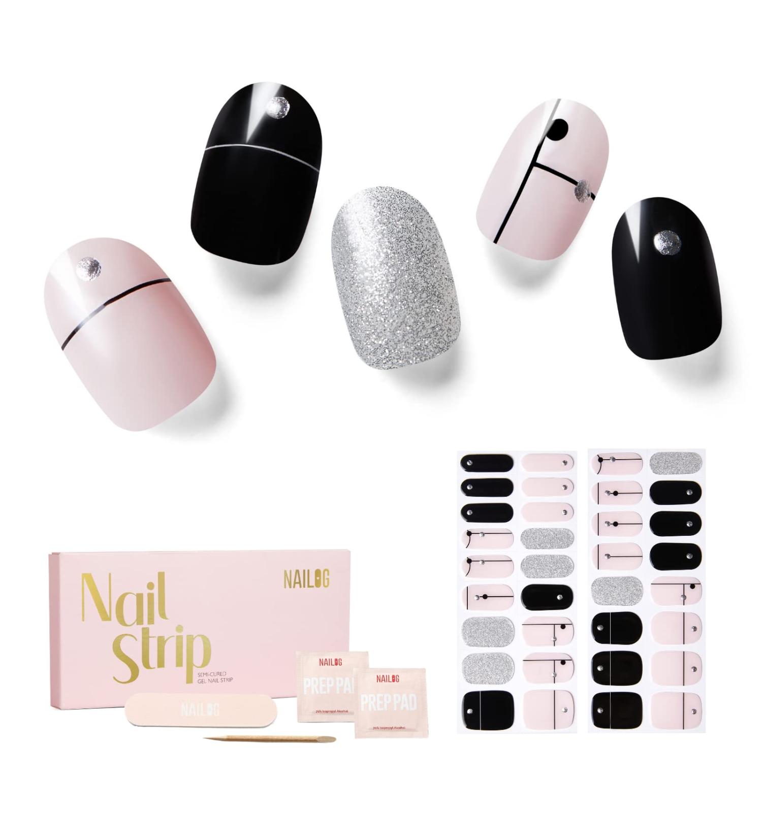 NAILOG Semi Cured Gel Nail Strips 34 pcs Salon-Quality Gel Nail Stickers Long Lasting Nail Wraps for Women with Soft Gel Finish Black & Pink Timeless Strings - Buy Online on GoSupps.com