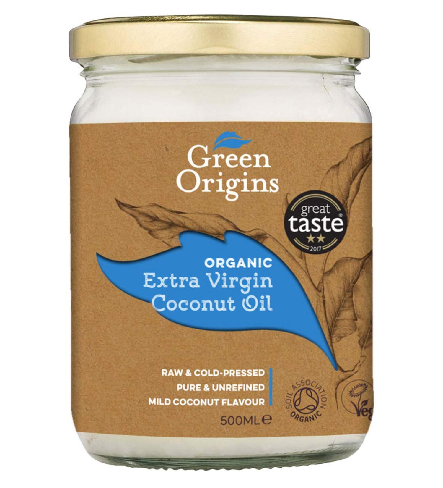Green Origins Green Origins Organic Extra Virgin Coconut Oil 500ml in a glass jar for use in cooking baking moisturizing cream and hair care