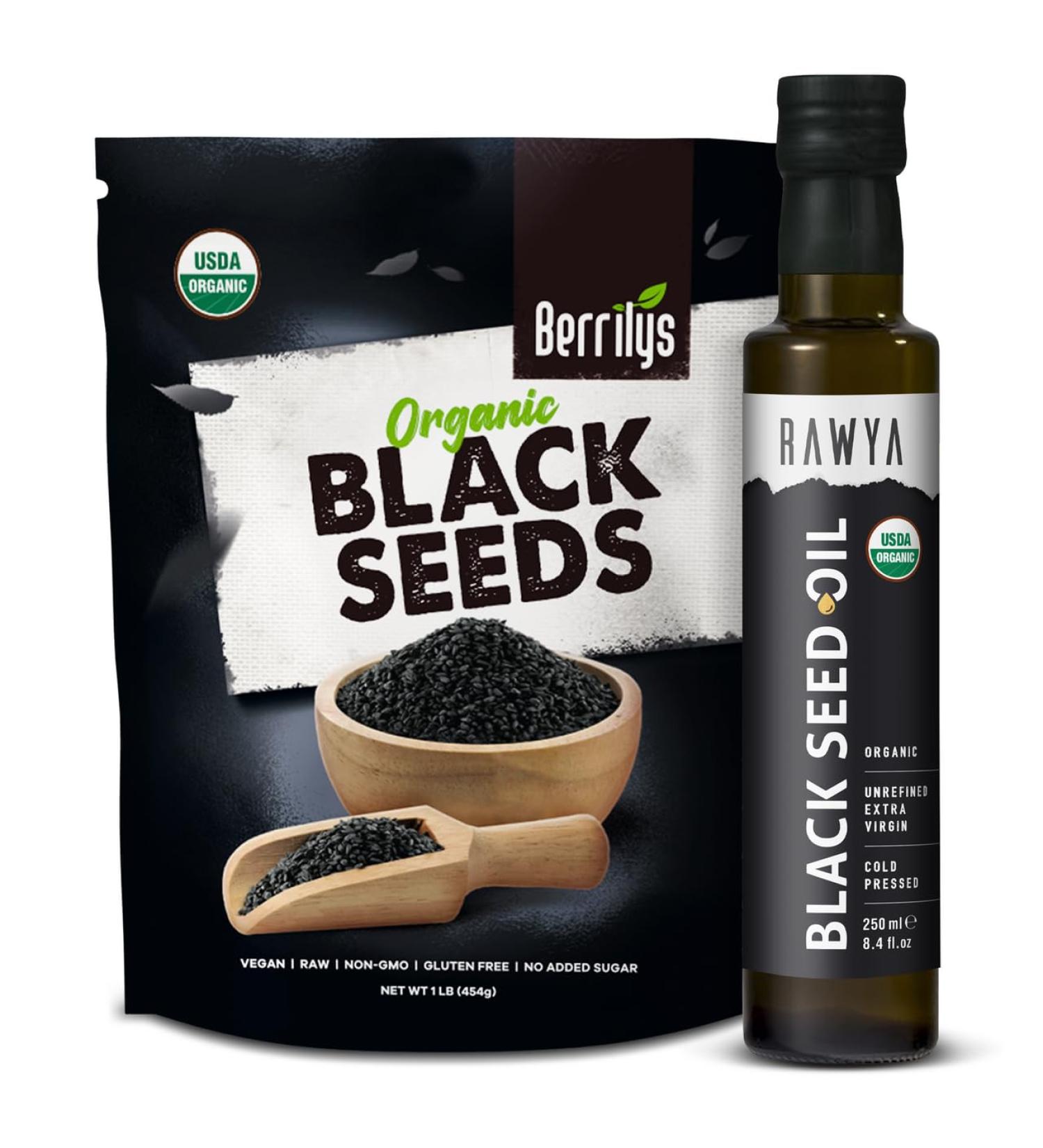 RAWYA Black Seeds + Black Seed Oil - USDA Organic Certified, Cold Pressed, Nigella Sativa, Cumin Seed Oil, Kalonji, Premium Quality, High Thymoquinone, Pure & Natural, 8.4 Oz + 16 Oz Seeds - Buy Online on GoSupps.com