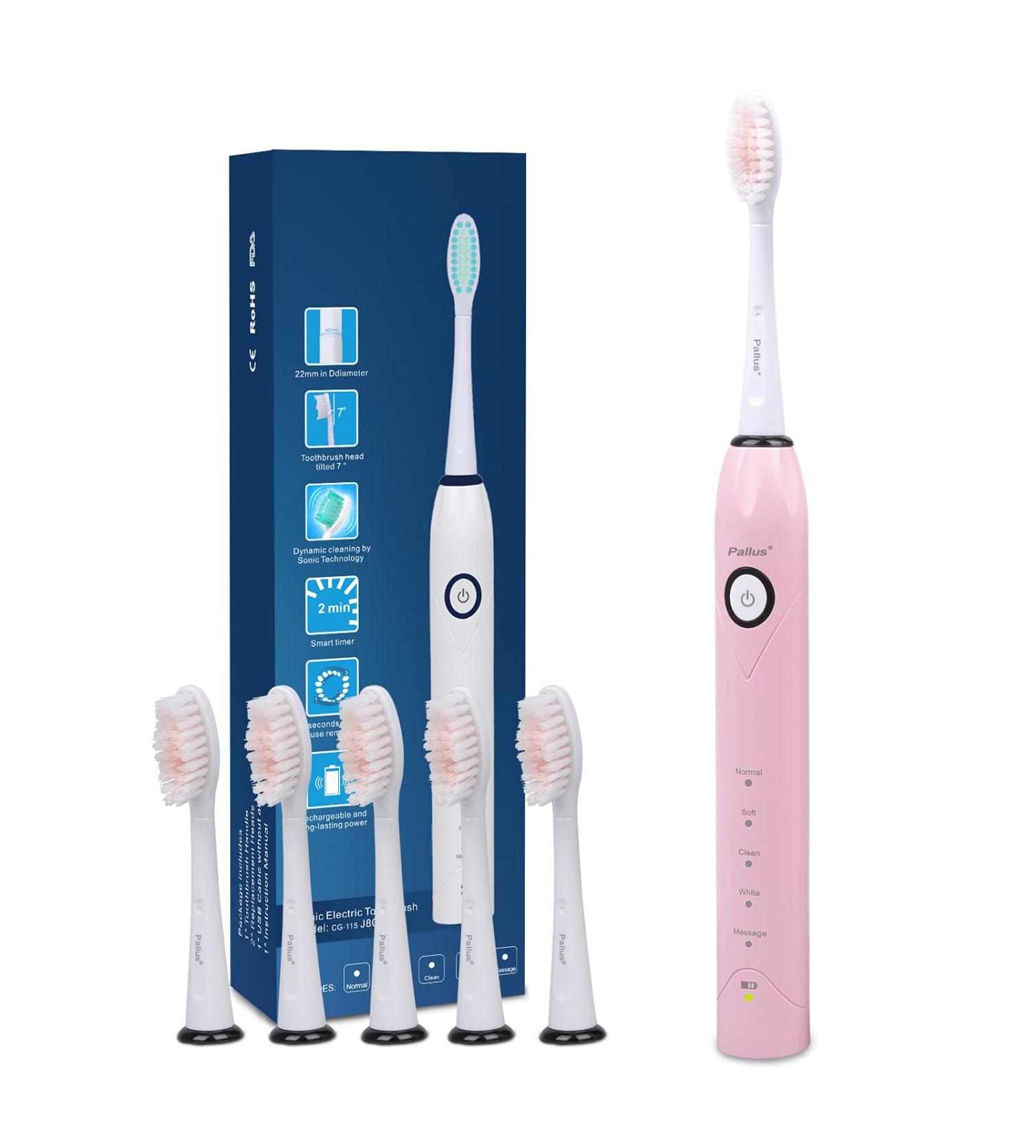 Pallus Electric Toothbrush - Sonic Toothbrush for Adults 5 Dupont Brush Heads 37 000 VPM 5 Modes 2-Hour Charge 30 Days Use Pink - International Shipping Available - Buy Online on GoSupps.com