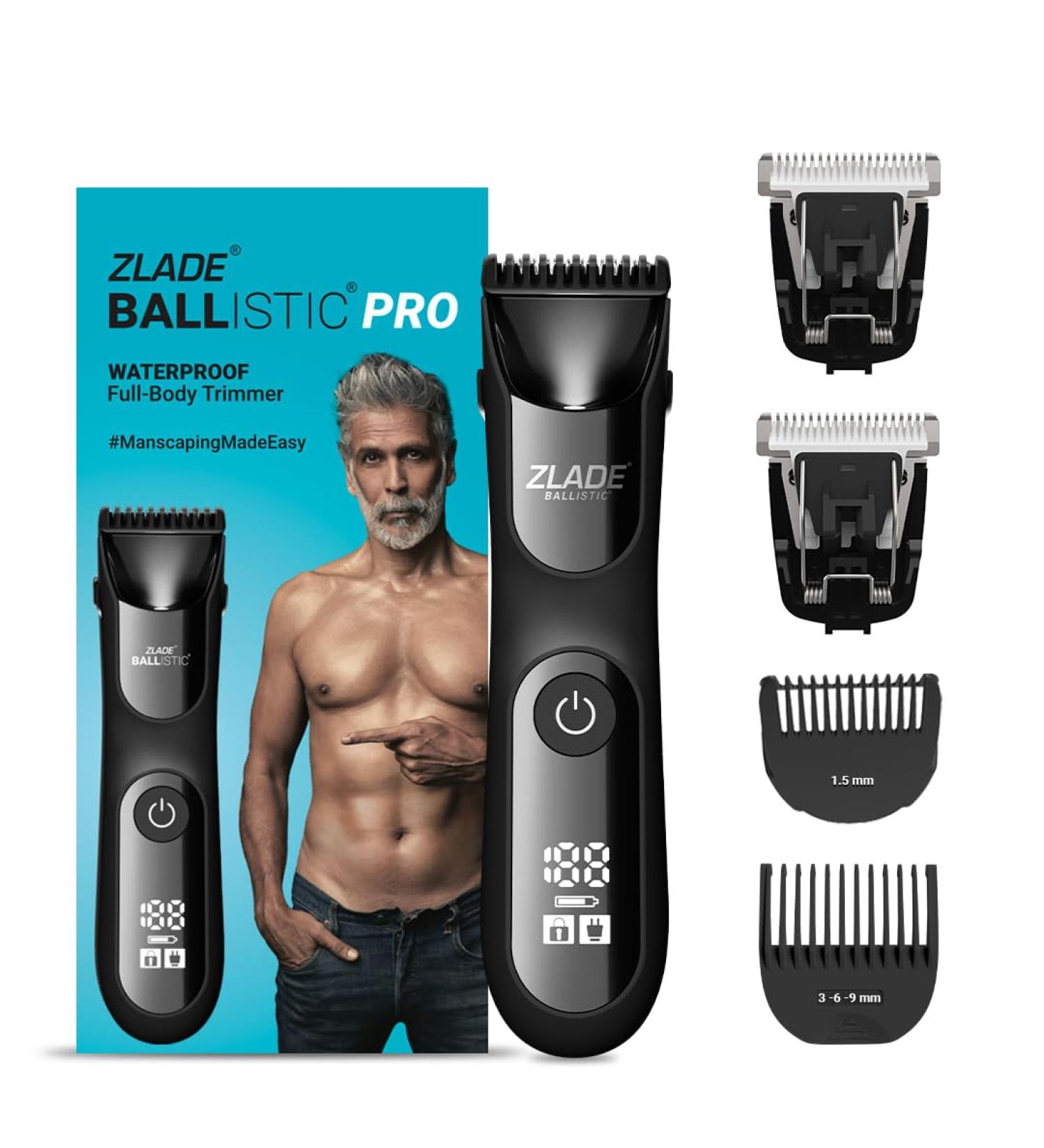 ZLADE Ballistic Pro Full-Body Manscaping Trimmer - Waterproof Ceramic Blades Digital Display - Beard & Body Grooming + 2 Extra Cutter Heads - Perfect for Men - Buy Online on GoSupps.com