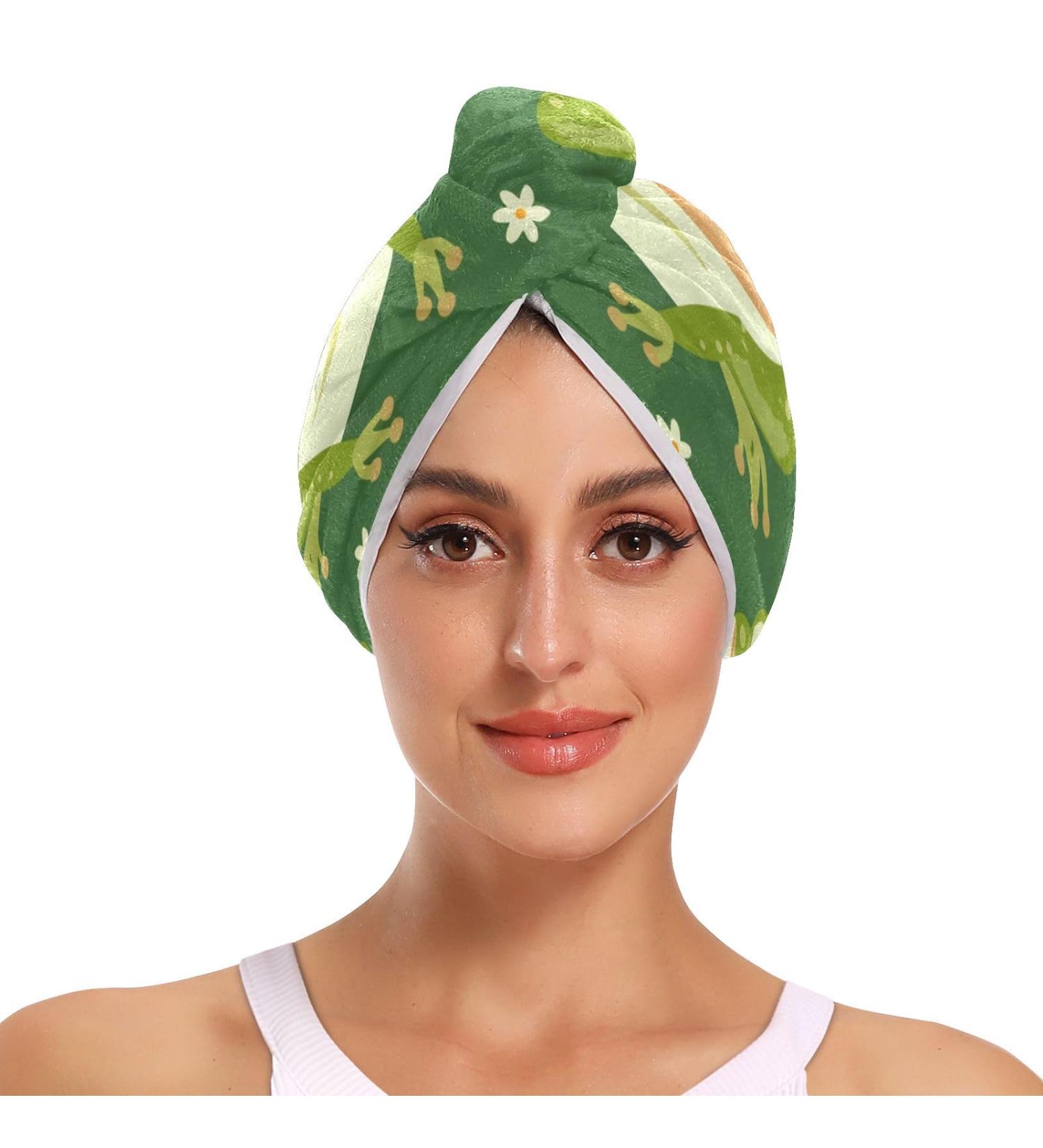 Green Cute Frog Hair Towel 2 Pack - Super Absorbent Quick Dry Hair Turbans for Women & Girls - Buy Online on GoSupps.com