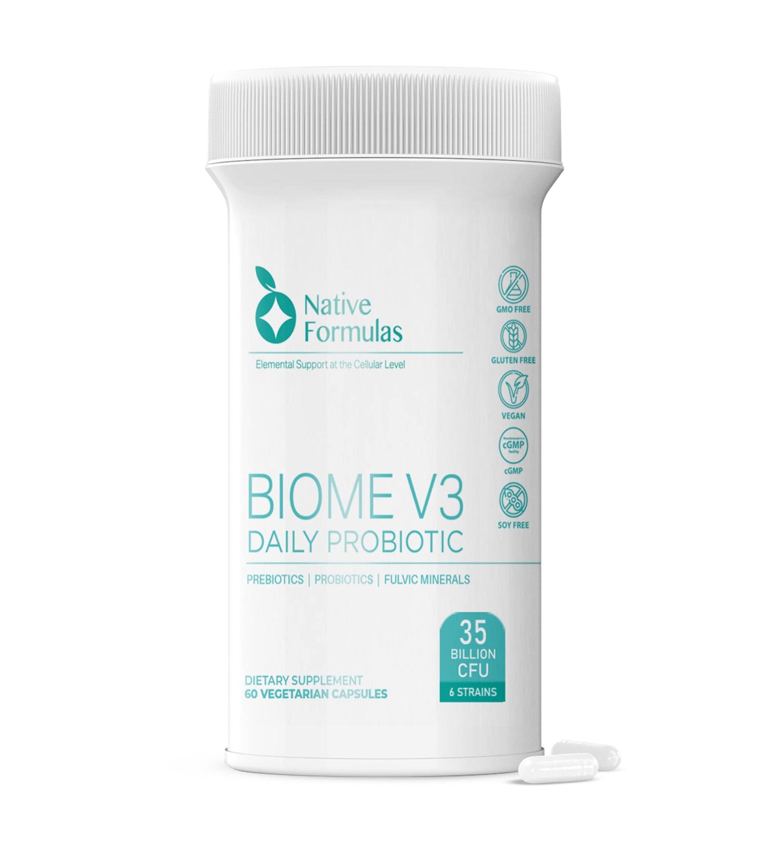 Native Formulas Biome V3 Probiotic Prebiotic & Fulvic Minerals Supplements - 35 Billion CFU - 6 Strains - 60 Vegan Capsules - Women & Men - FODMAP Friendly - Supports Digestive Immune & Gut Health 1 - Buy Online on GoSupps.com