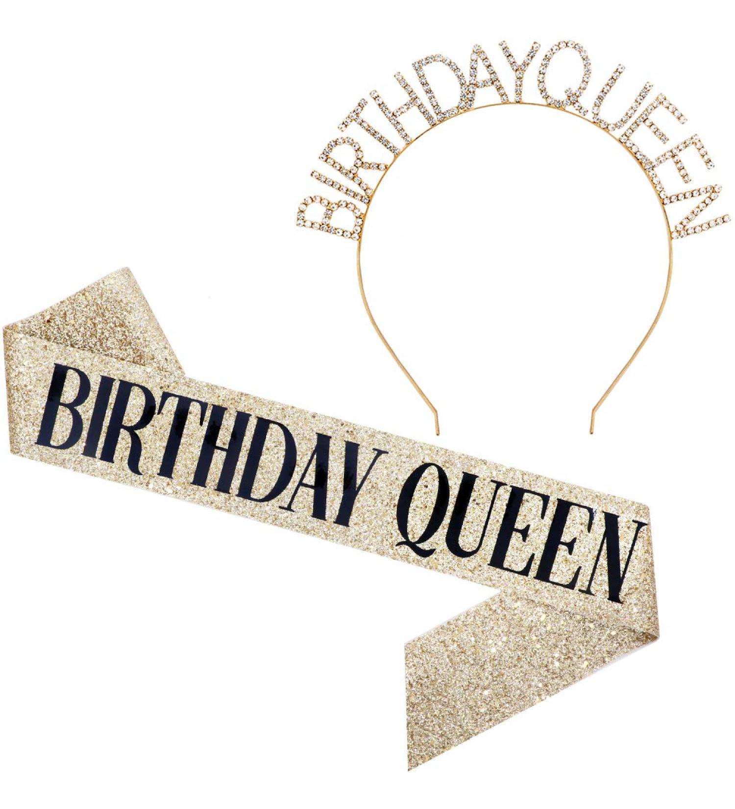 Birthday Queen Sash & Rhinestone Headband Set - Gold Glitter Birthday Gifts for Women - Buy Online on GoSupps.com