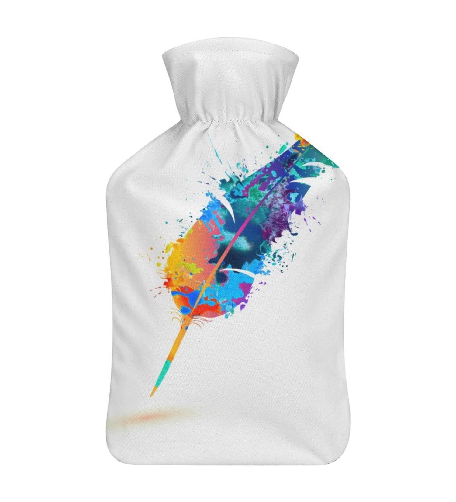 Colorful Feathers Hot Water Bottle with Plush Cover - Hand Warmer for Adults & Children | 26.5x15.3cm - Buy Internationally! - Buy Online on GoSupps.com