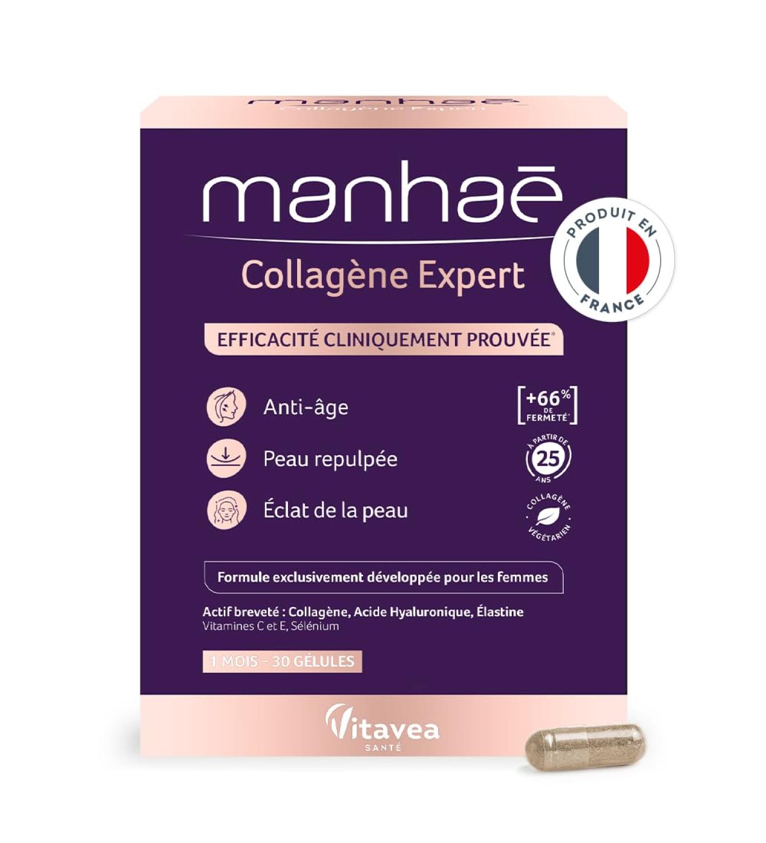 Manha Collagen Expert - Collagen and Hyaluronic Acid - Patented Complex Anti-Aging Anti-Wrinkle Proven Effectiveness - Vitamin C Selenium - Vegetarian - 30 Capsules - 30 Days - Made in France - Buy Online on GoSupps.com