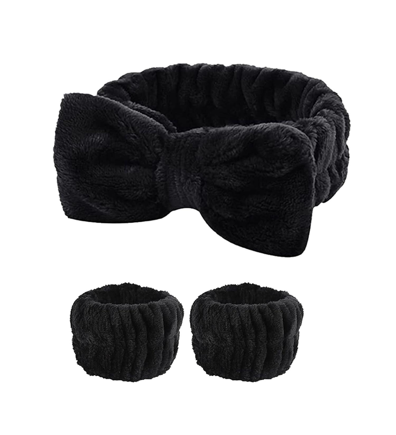 amangul 1set Elastic Women Shower Hairband & Wristband Cute Bowknot Plush Face Wash Hairband Home Makeup Headband Wristband(Black 3Piece Set) - Buy Online on GoSupps.com