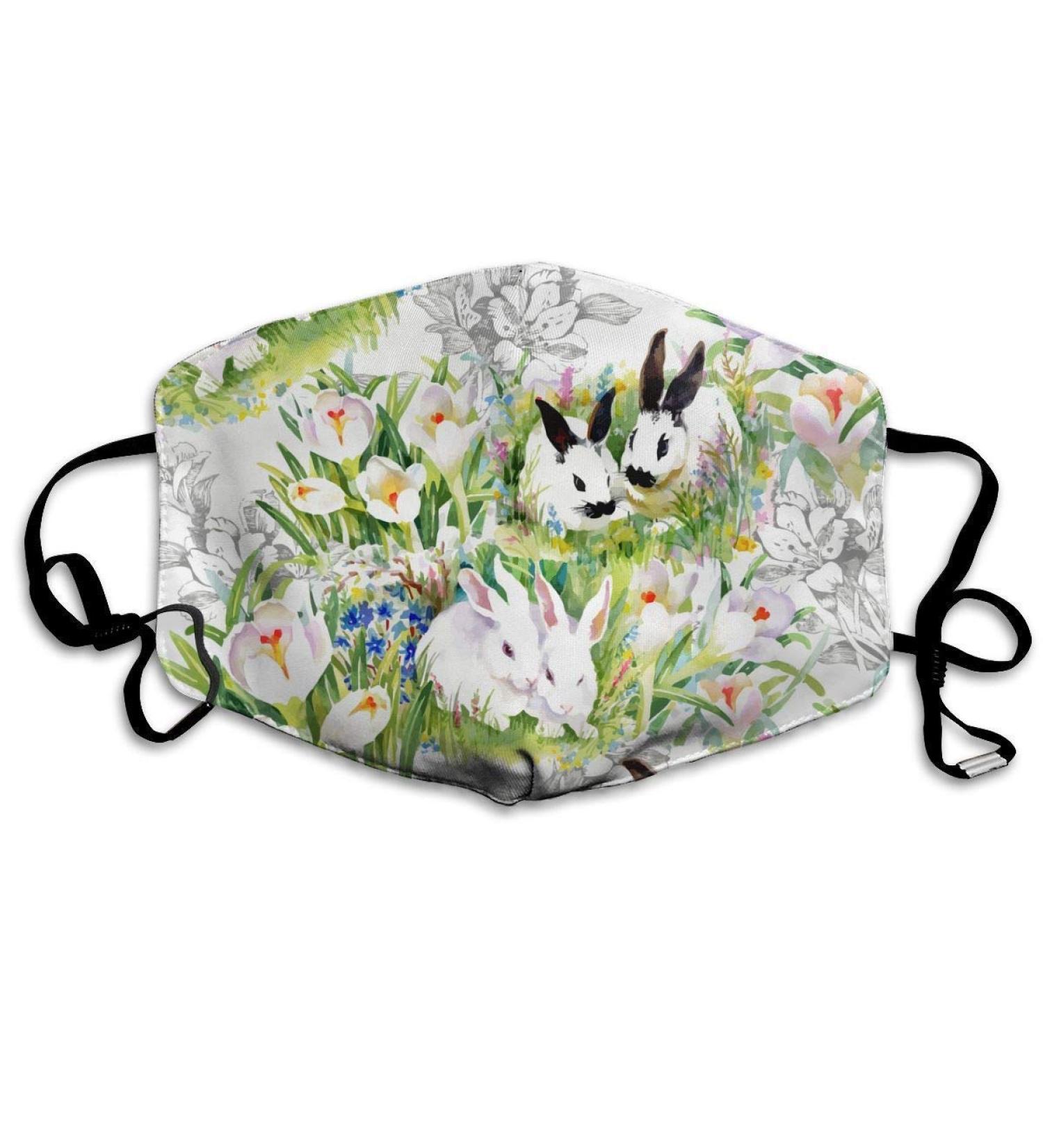 Watercolor Rabbits Flowers Washable Reusable Mask Cotton Anti Dust Half Face Mouth Mask For Kids Teens Men Women With Adjustable Ear Loops - Buy Online on GoSupps.com