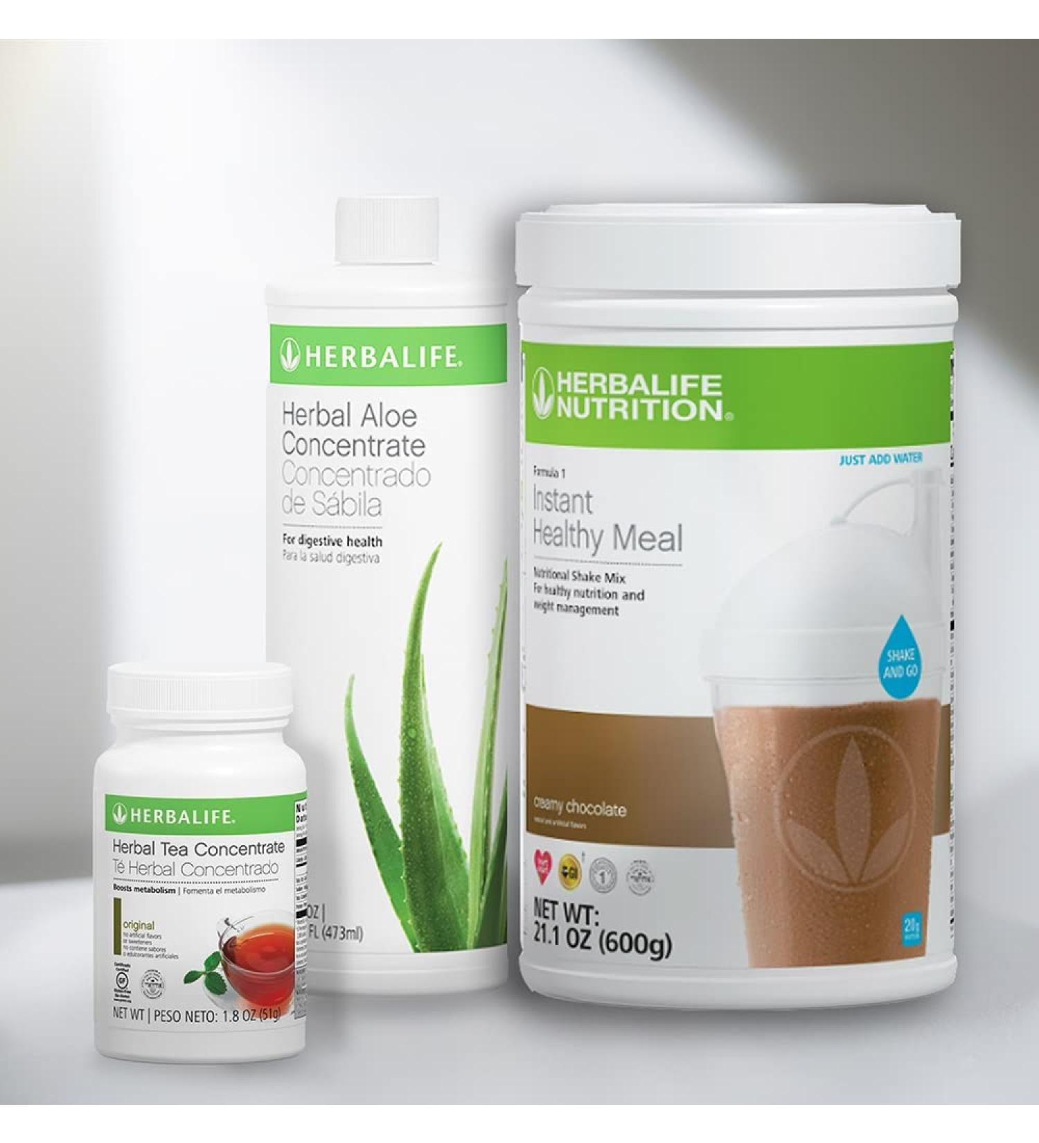 HERBALIFE Trio Combo Formula 1 Healthy Nutritional Shake Mix (Creamy Chocolate Shake n Go 600g)-Herbal Aloe Concentrate Pint (Original 473ml) - Herbal Tea Concentrate 51g (Original 51g)