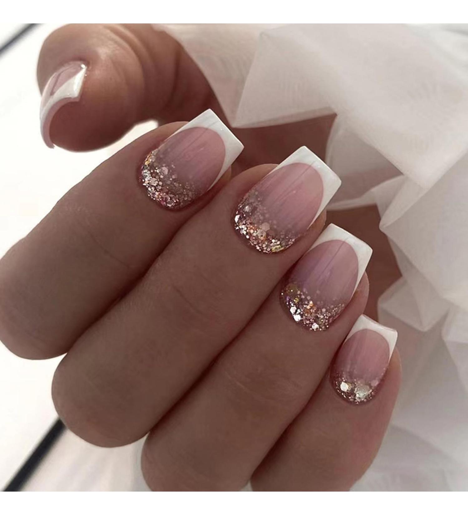 White Glitter French Fake Nails - 24Pcs Short Coffin Press on Nails with Glitter Tips and Nail Glue for Women and Girls - Buy Online on GoSupps.com