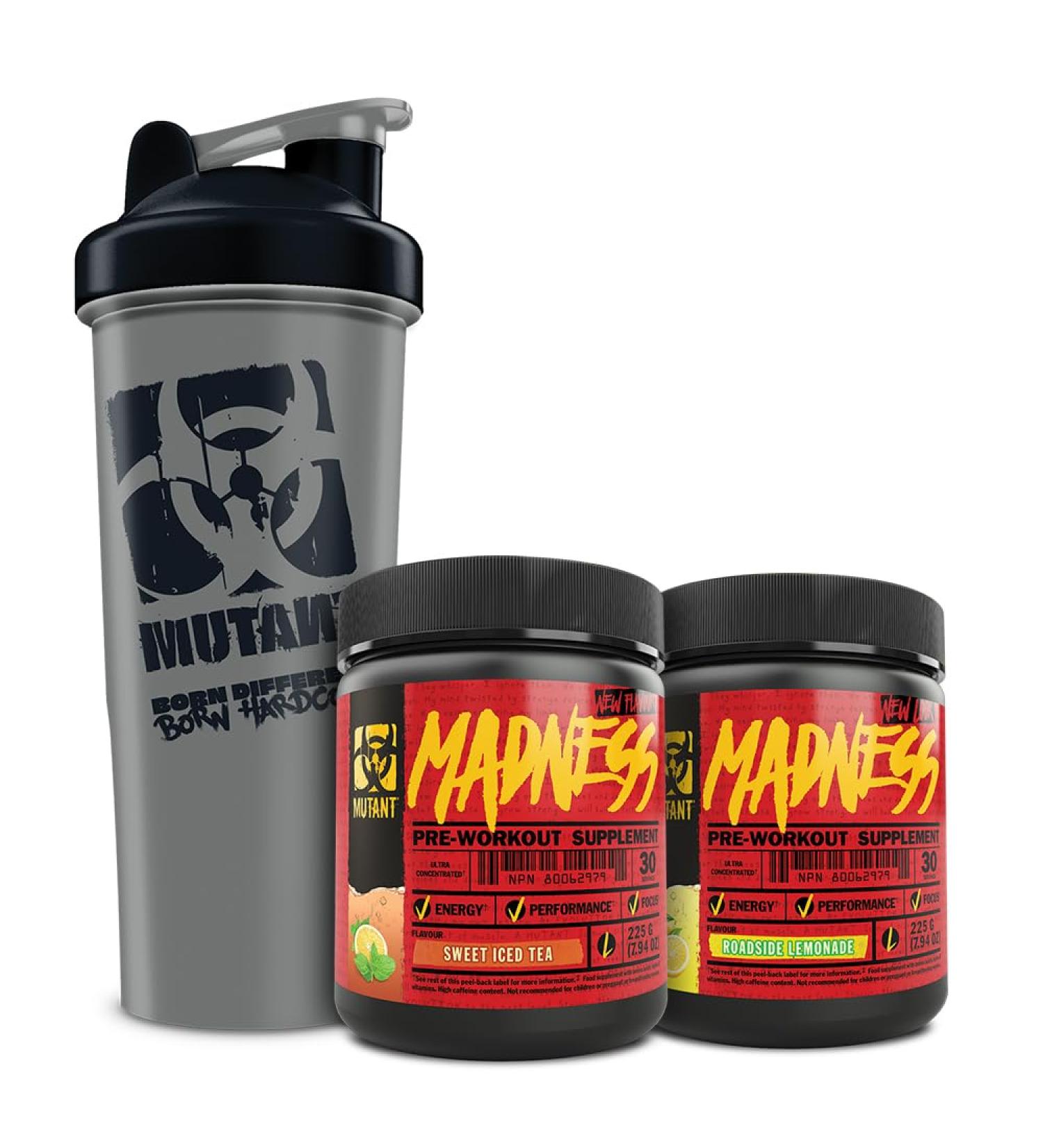 Mutant Madness | Double Pre-workout bundle | Madness Roadside Lemonade 225 G | Madness Sweet Iced Tea 225 G | Branded Grey Shaker Cup 1 L | 60 Serving Roadside Lemonade & Sweet Iced Tea - Buy Online on GoSupps.com