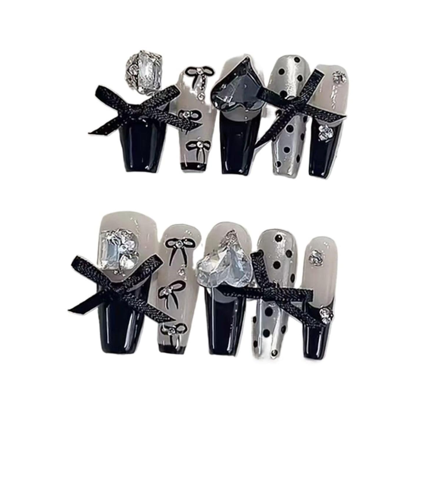 Temperament manicure black French bow nail patch handmade fake nails wearing nail products.(XS) - Buy Online on GoSupps.com