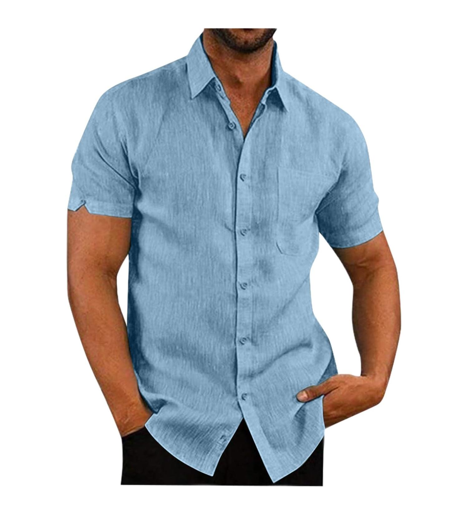 Men's Sky Blue Linen Short-Sleeve Henley Shirt - Reversible Collar Loose Fit Business Casual 3XL - Buy Online on GoSupps.com