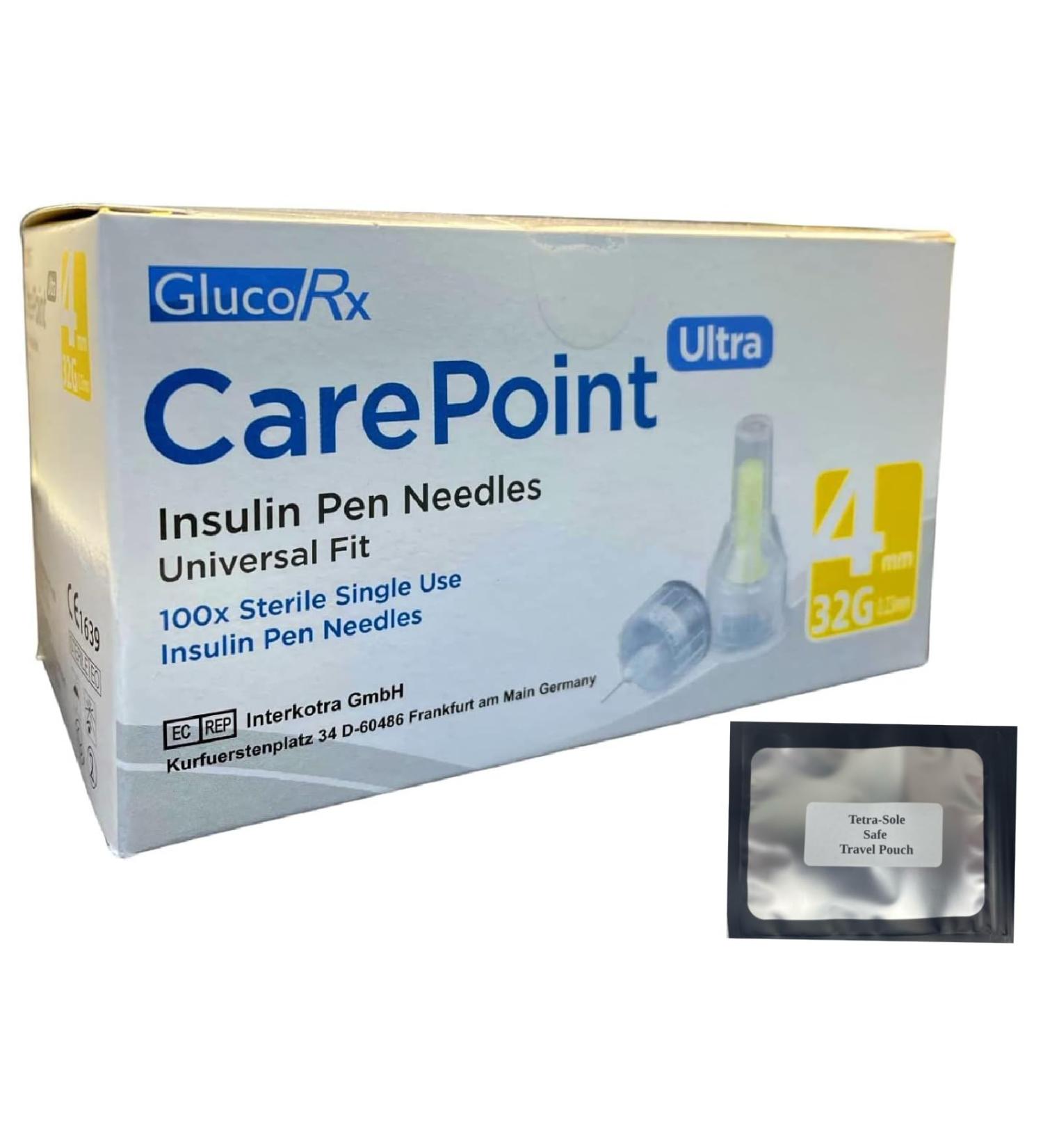 Glucorx Carepoint + Tetra-Sole Pouch Diabetic Insulin Pen Tips 32G x 4 mm (100 Pcs/Box) - Premium Quality for Diabetics - Buy Online on GoSupps.com
