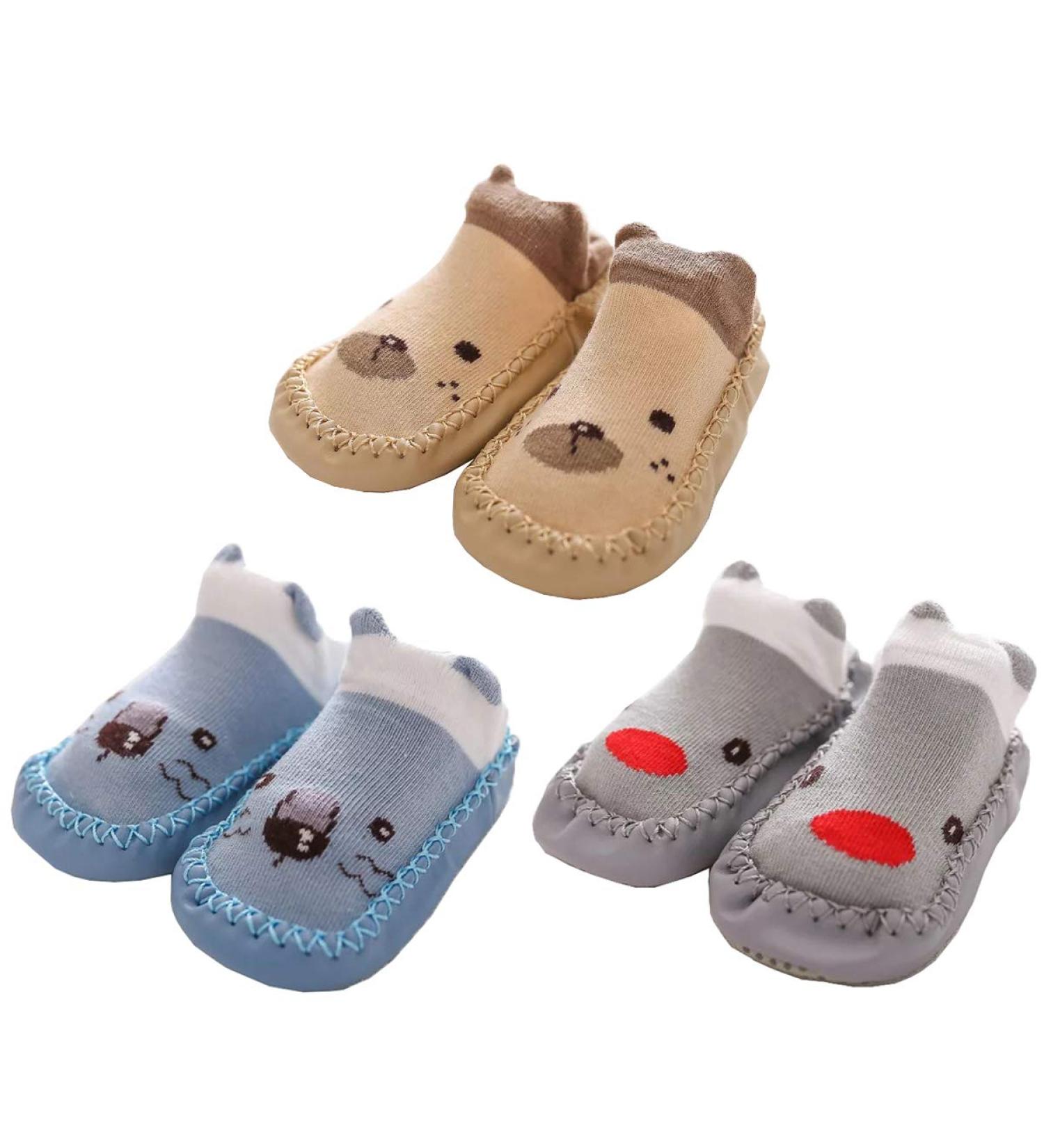 Ceguimos 4 Pairs Baby Boys Girls Indoor Slippers Anti-Slip Socks 6-12 Months - Grey, Brown, Blue - Buy Online on GoSupps.com