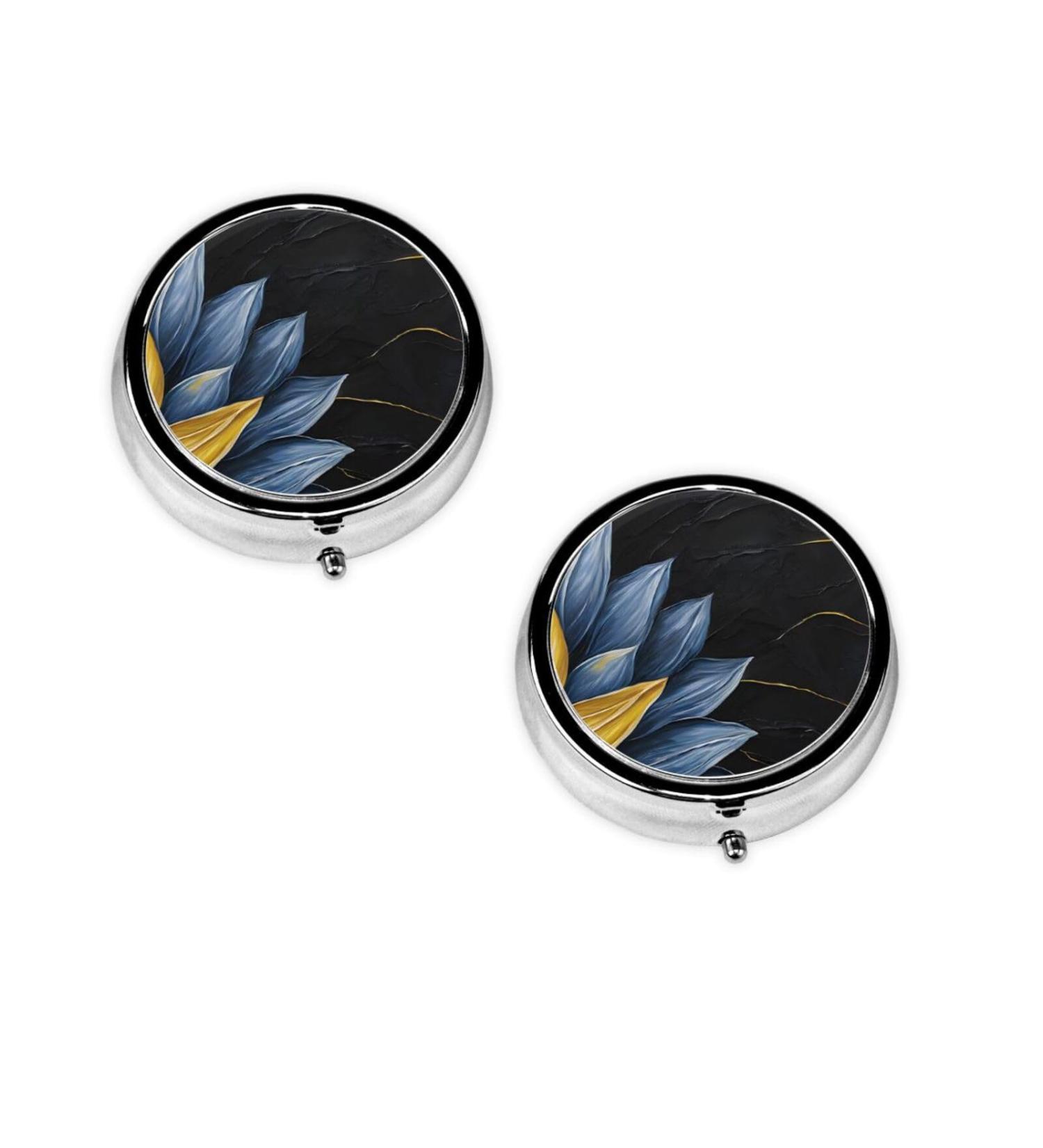 Buy Turquoise Blue Gold Flowers Round Pill Box - 3 Compartment Mini Travel Medicine Organizer - Buy Online on GoSupps.com