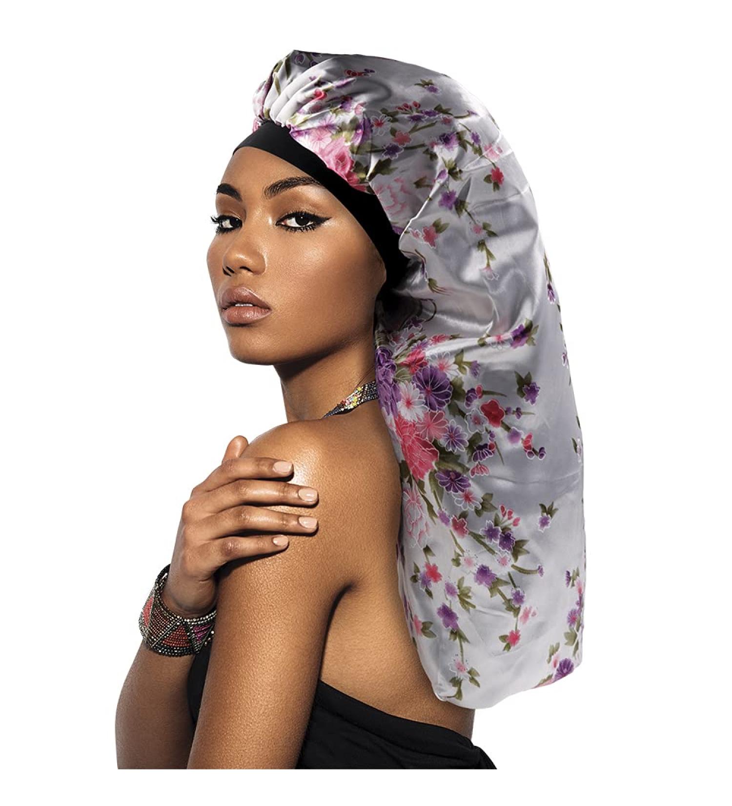Beauty Town Satin Silk Bonnet Extra Large Size Wide Long Double Layer Sleep Cap for Women Floral Design - H