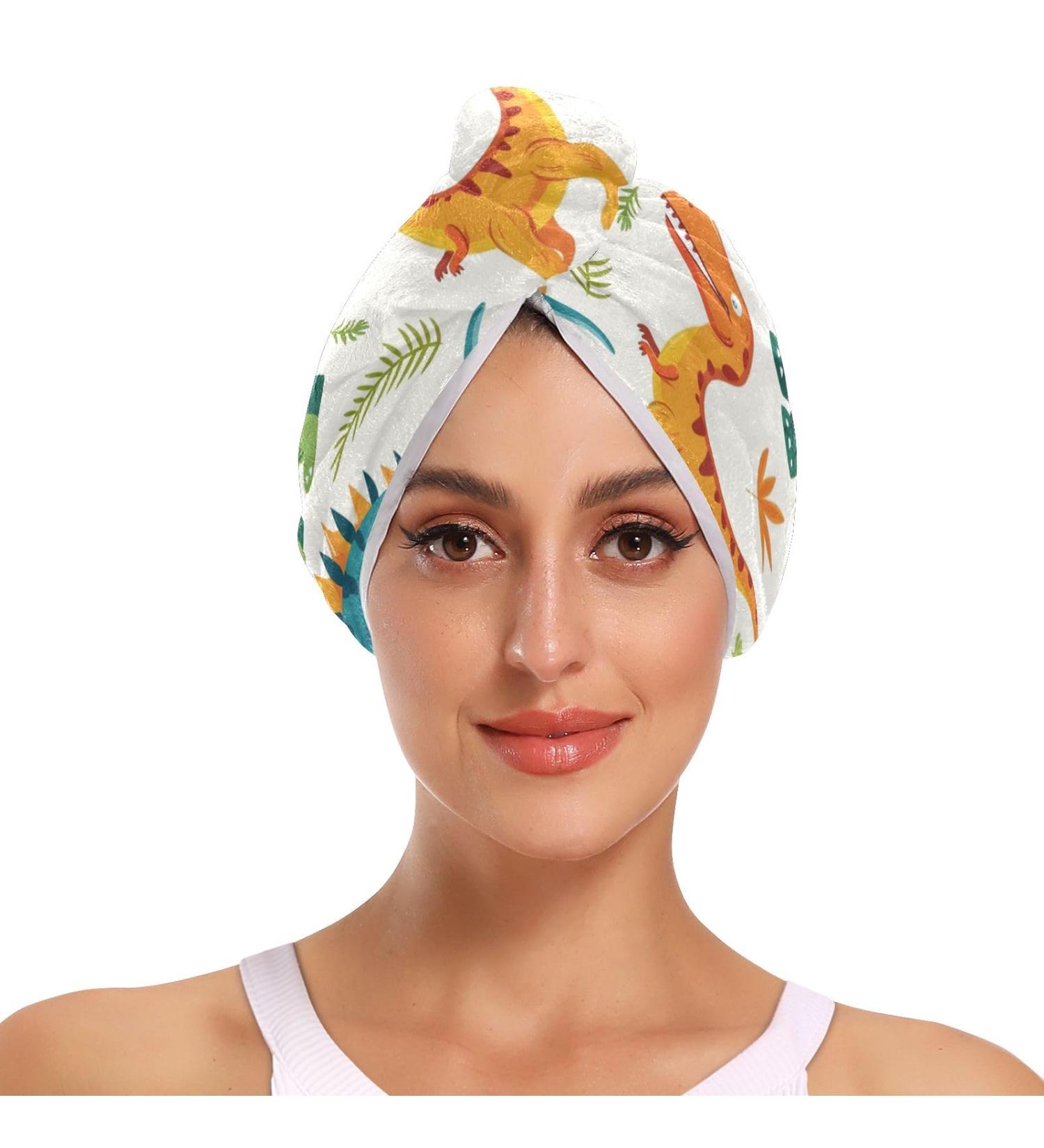Cartoon Colorful Dinosaurs Hair Towel 2 Pack - Super Absorbent Quick Dry Hair Turbans for Women & Girls - Buy Online on GoSupps.com