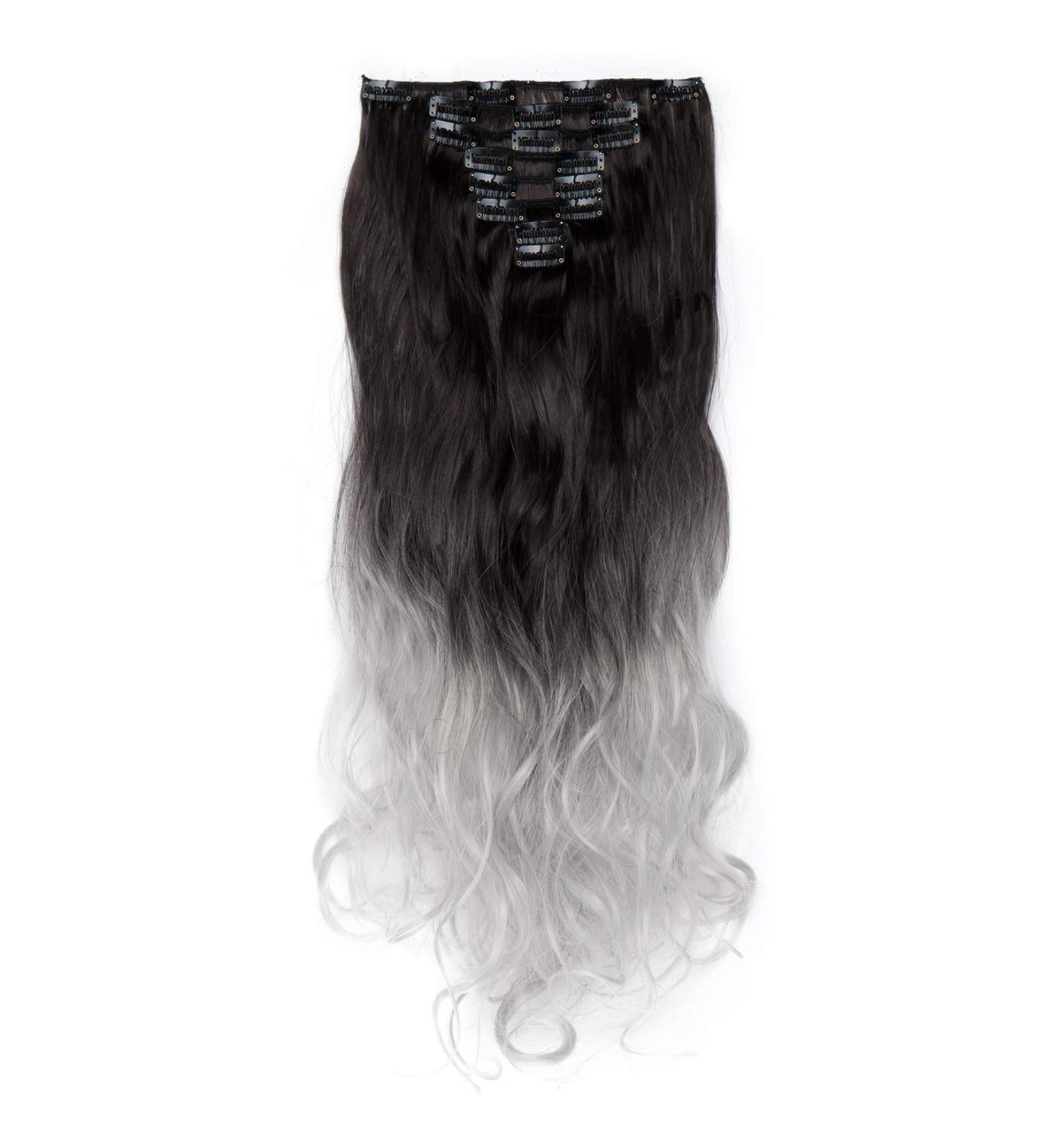 Clip In Hair Extensions - 60cm Dark Brown to Silver Gray Wavy - 18 Clips Real & Synthetic Options for Full Head - Buy Online on GoSupps.com