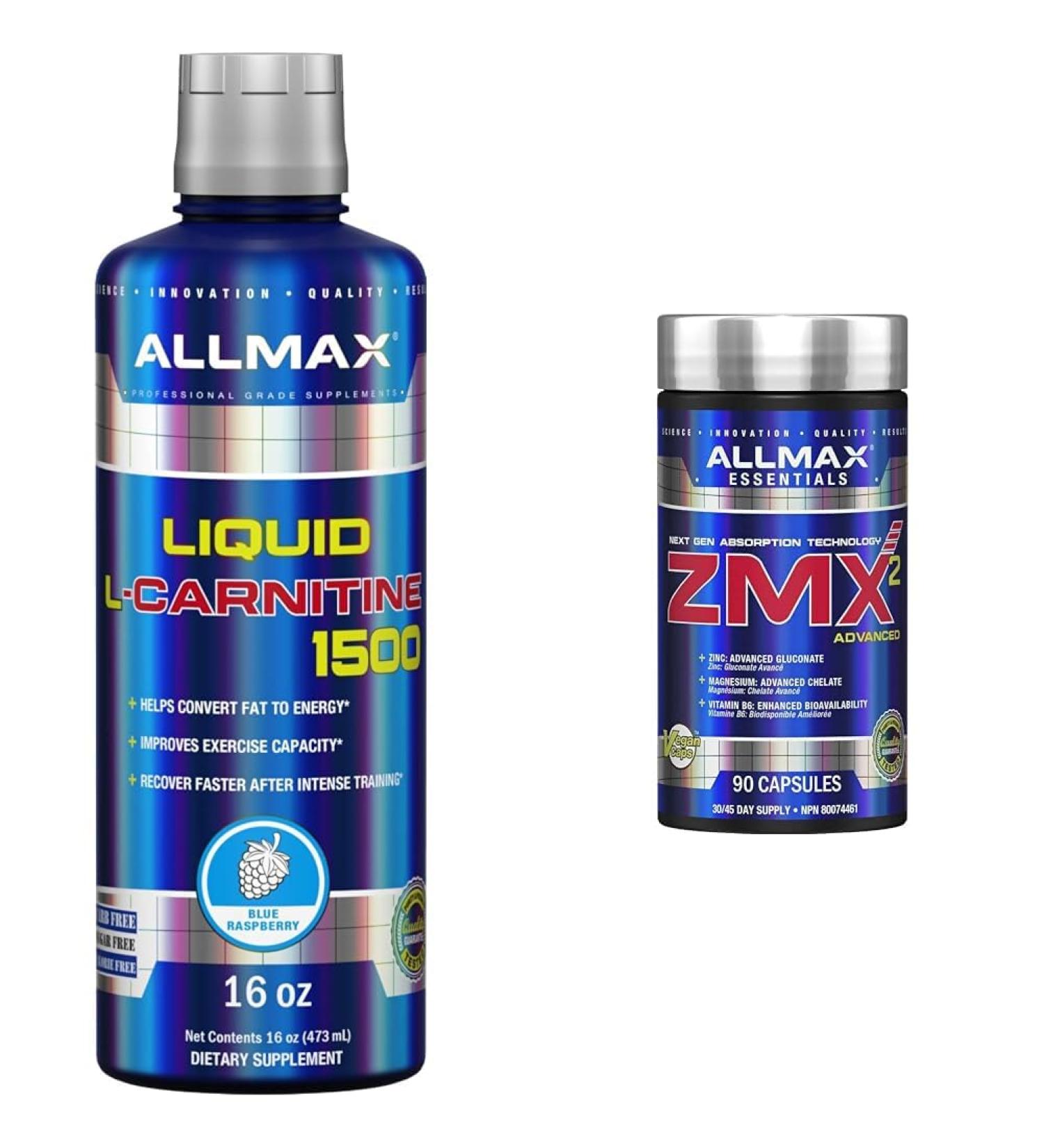 ALLMAX Nutrition - L-Carnitine Liquid + Vitamin B5 - Blue Raspberry - 473 ml & ZMX2 90 Count - Buy Online on GoSupps.com