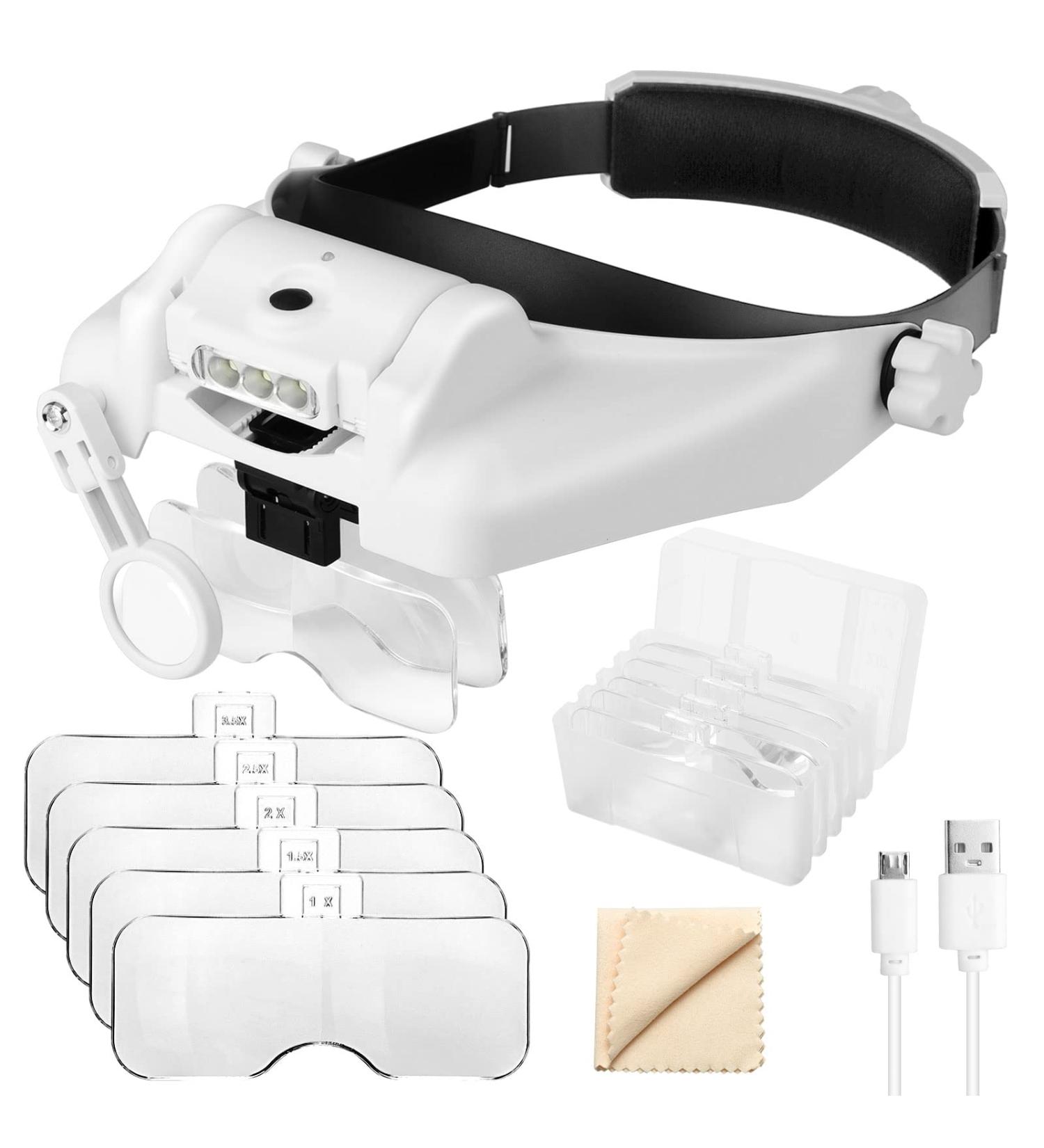 Headband Magnifier with LED Light 1X to 14X  SUNJOYCO Handsfree Head Mount Magnifying Glass Visor Headset Loupe Tools for Professional Jewelry Close Work Sewing Crafts Reading Repair  with 5 Lenses - Buy Online on GoSupps.com