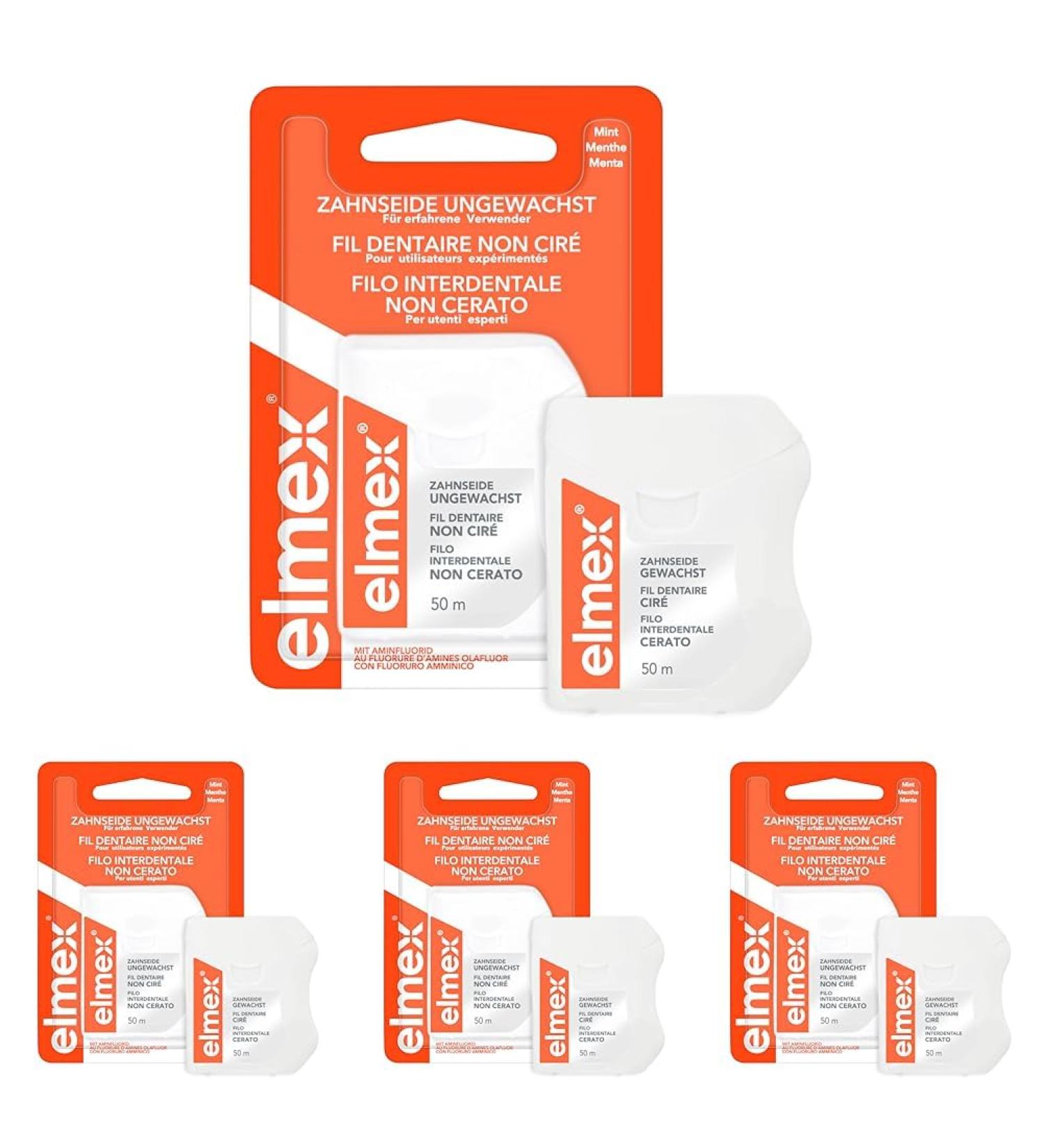 Elmex Dental Floss 50m - Waxed Tooth Strap for Effective Cleaning - Fleece Effect with Aminfluoride Prevents Cavities & Gum Infections (Pack of 4) - Buy Online on GoSupps.com