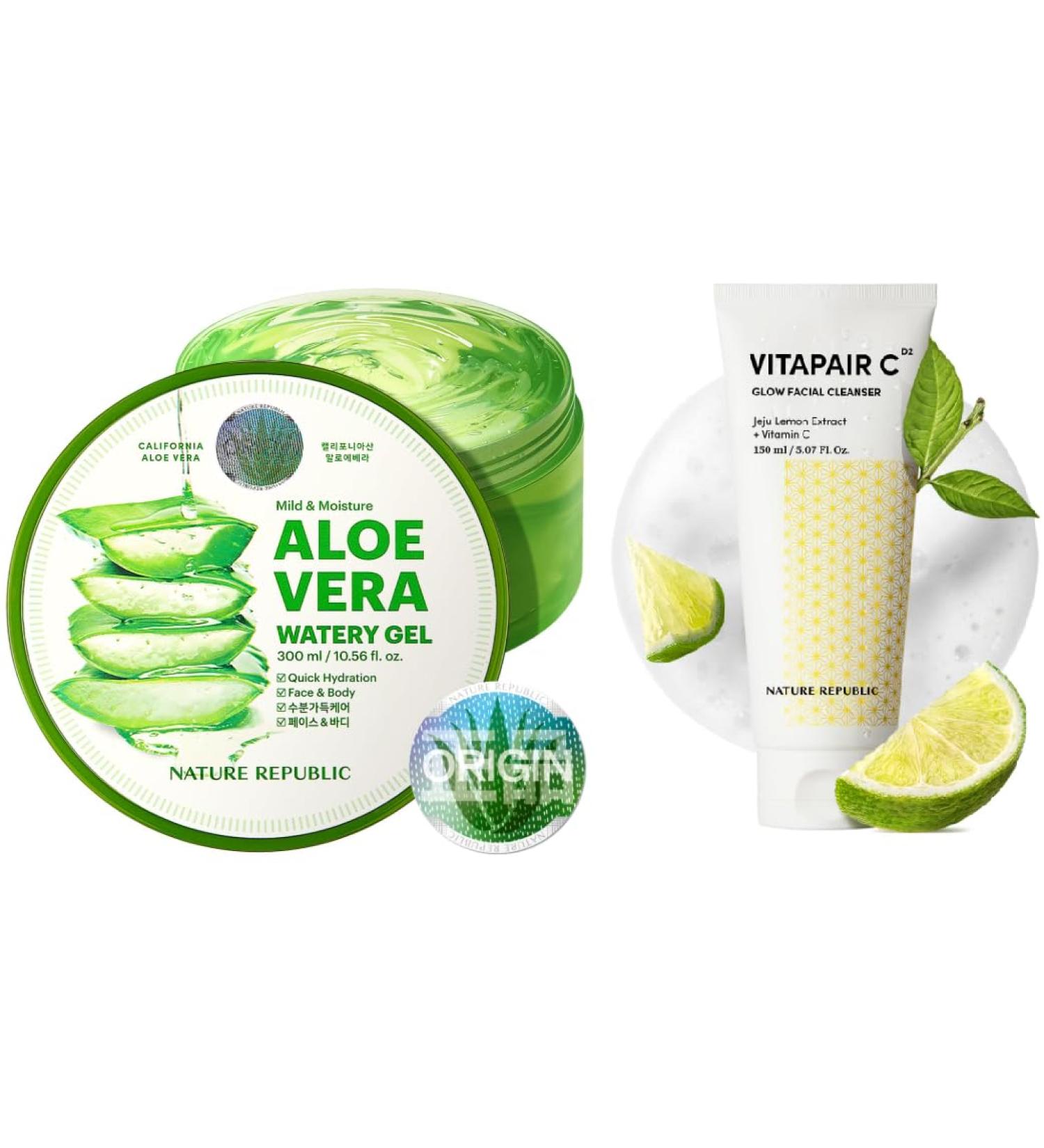 Nature Republic Aloe Vera Gel 92% & Vitamin Cleanser Set - Hydrating Moisturizer and Facewash Daily Makeup Remover Natural Cleanser - Buy Online on GoSupps.com
