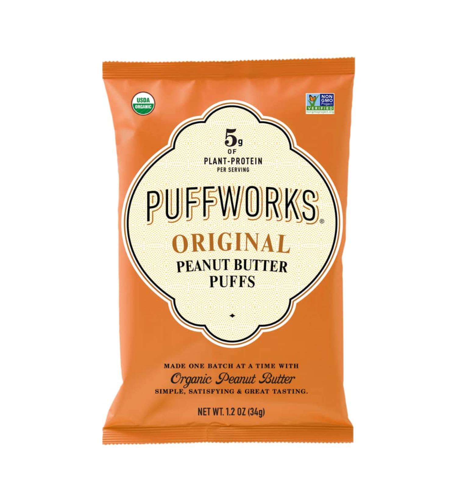 Puffworks Organic Peanut Butter Puffs 1.2oz (Pack of 6) | Plant-Based Protein Snack | Gluten-Free, Vegan, Kosher - Buy Online on GoSupps.com