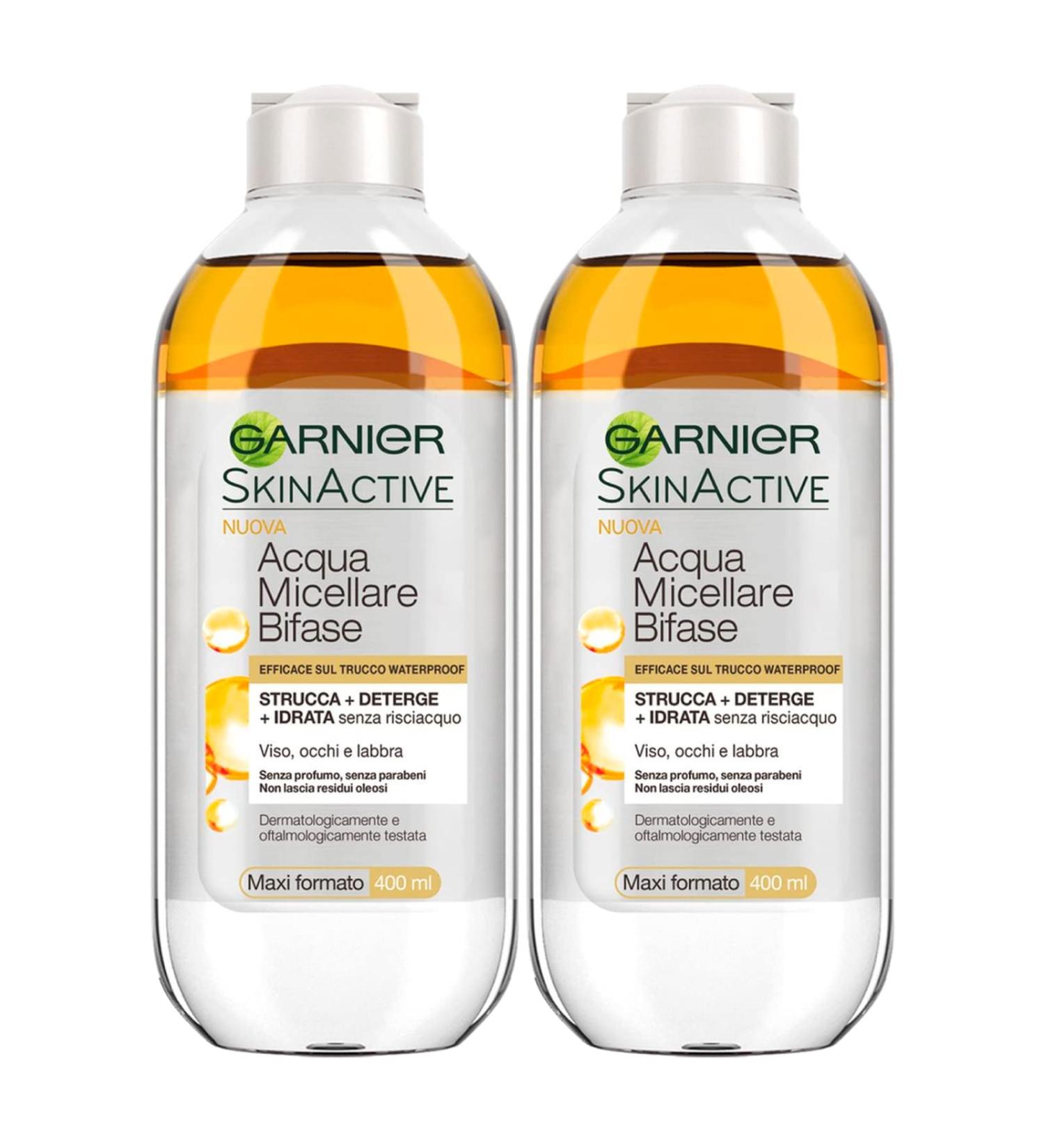 Garnier Garnier SkinActive Two-Phase Micellar Water for Makeup Impermeable Make-Up Remover Moisturizing Cleanser without Rinsing for Face Eyes Lips with Fragrance-free Formula - 2 x 400ml Bottles