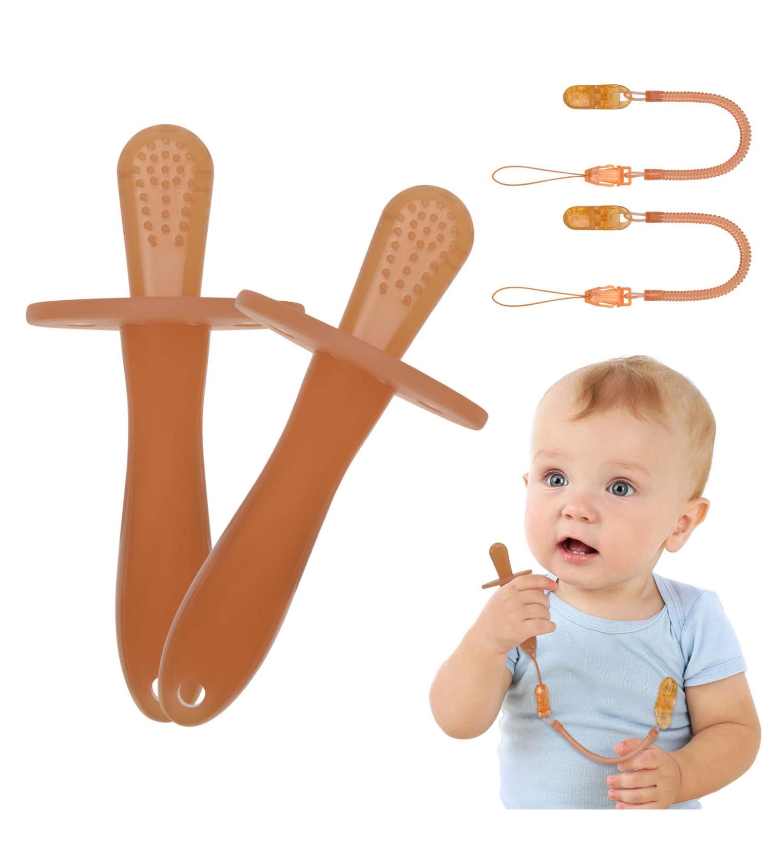 Vicloon Teething Toys Set | Baby Teether Toy with Anti-Lost Chain | Chew Toy Teething Ring for Boys & Girls | Brown | 2pcs - Buy Online on GoSupps.com