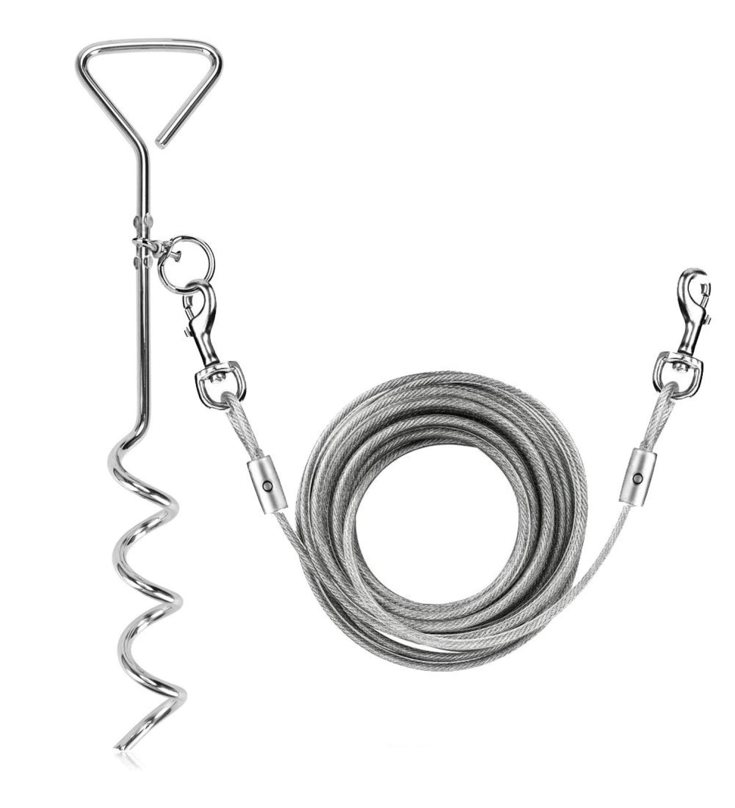 XhuangTech 16.4ft Dog Tie Out Cable with 16 inches Heavy Duty Spiral Ground Stake Spike for Dog Up to 130 lbs for Playing Camping and Backyard in Ground - Buy Online on GoSupps.com