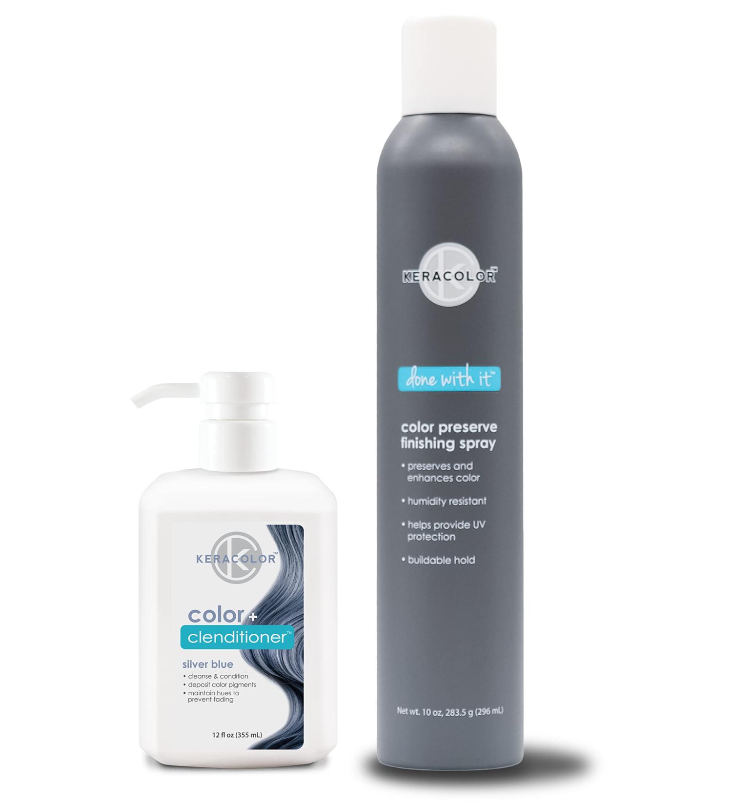 KERACOLOR Kit of 3-in-1 (Cleanse + Conditioner + Color) Silver Blue Semi-Permanent Hair Dye and Finishing Hair Spray 10oz - Buy Online on GoSupps.com