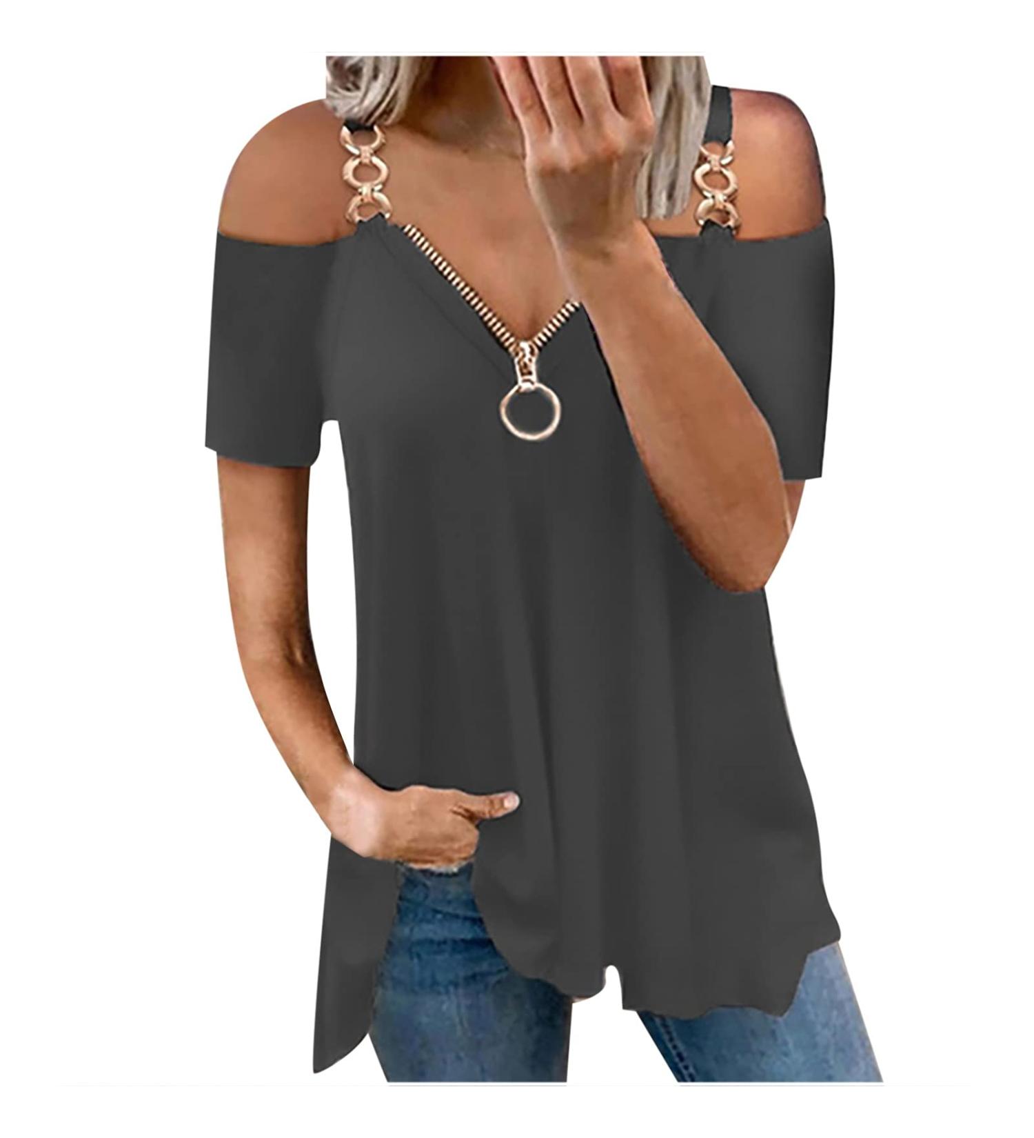Dark Gray Lace Cold Shoulder Plus Size Top - Women's Summer V Neck T Shirt Blouse - Buy Online on GoSupps.com