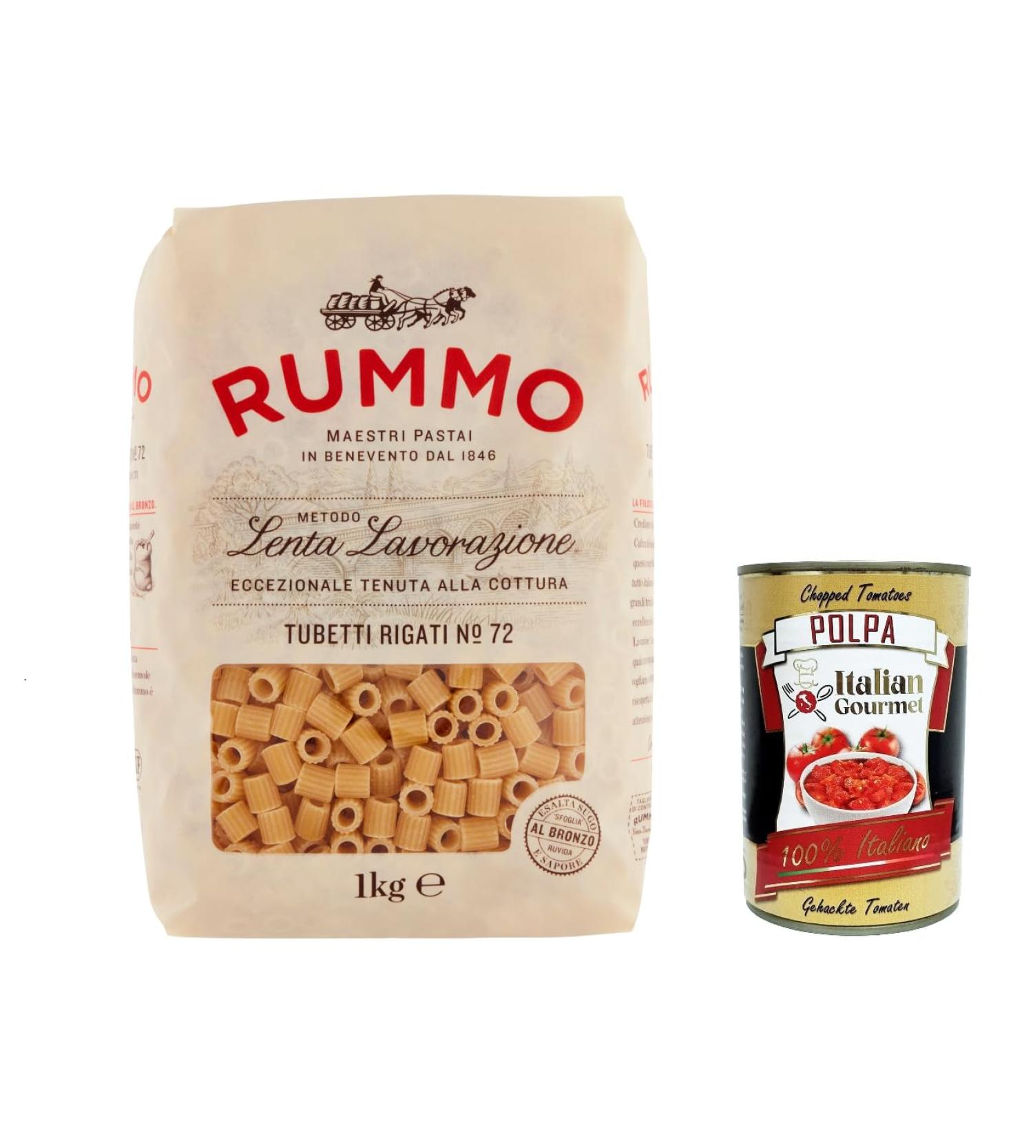  Italian Gourmet E.R. Rummo Tubetti Rigati No. 72 Pack of 8 durum wheat semolina pasta 1 kg + Italian Gourmet Polpa di Pomodoro 400 g can - Buy Online on GoSupps.com